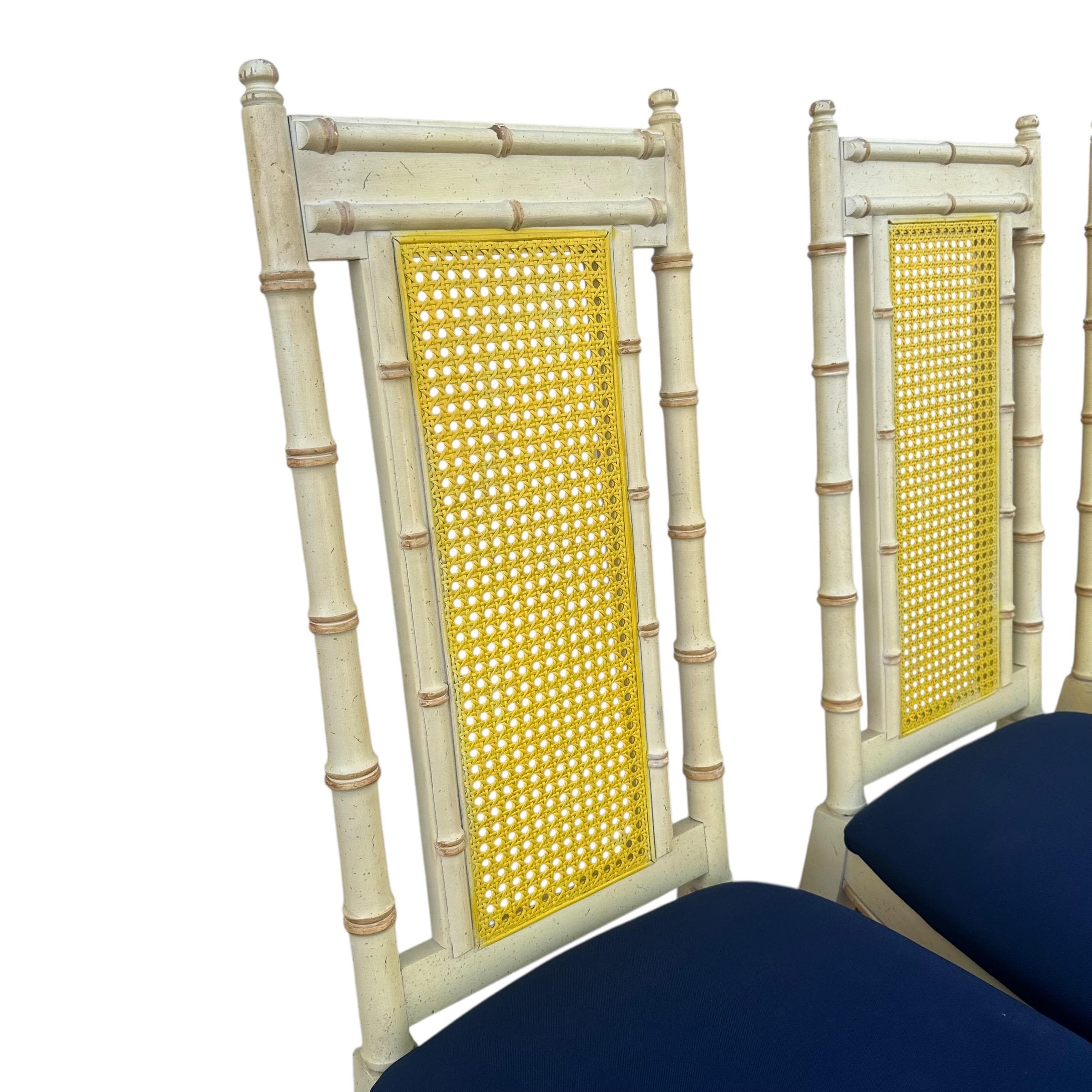 Set of 4 Faux Bamboo Dining Chairs - Vintage Wood & Rattan Cane Hollywood Regency Coastal Style - Thumbnail 3