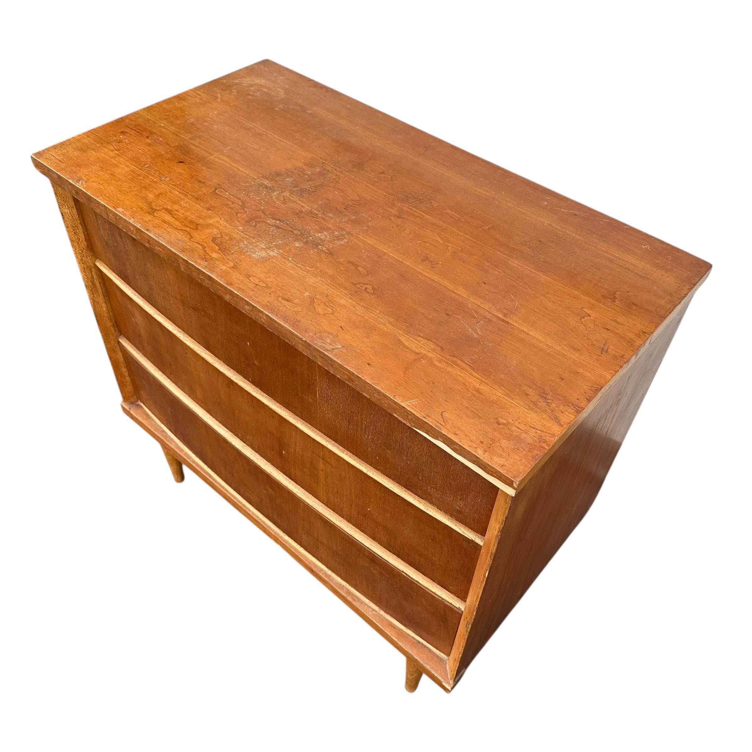 Mid Century Modern Nightstand with 3 Drawers by Bassett Tempo - 1960s Vintage Cherry Wood MCM Bachelor Chest Dresser Table - Thumbnail 4