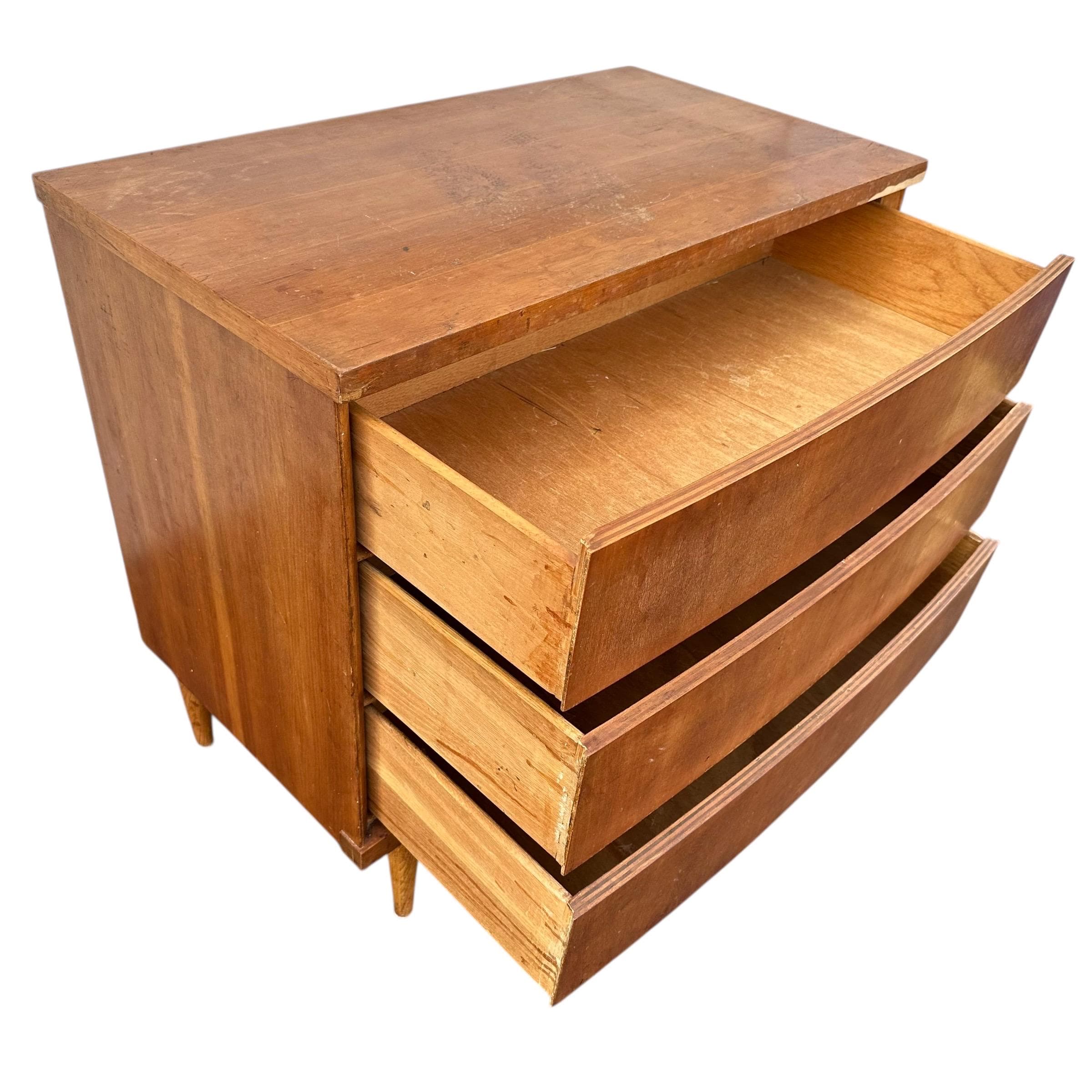 Mid Century Modern Nightstand with 3 Drawers by Bassett Tempo - 1960s Vintage Cherry Wood MCM Bachelor Chest Dresser Table - Thumbnail 6