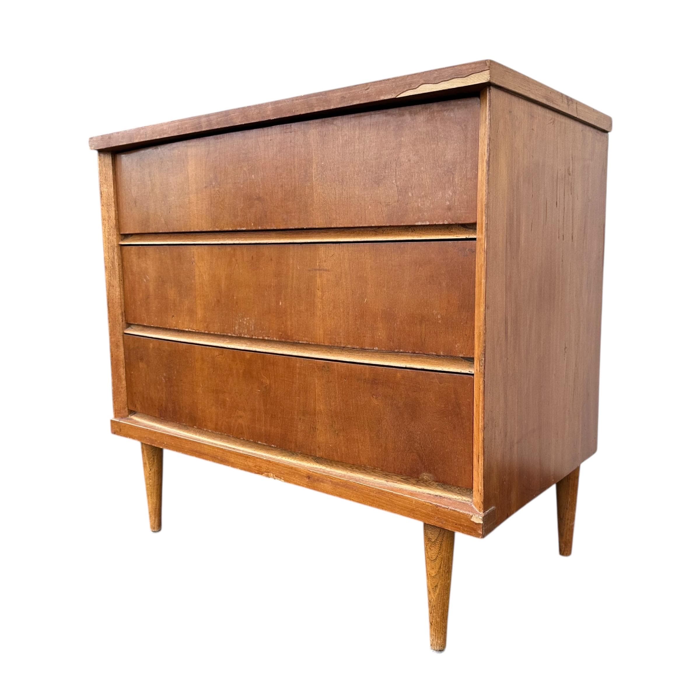 Mid Century Modern Nightstand with 3 Drawers by Bassett Tempo - 1960s Vintage Cherry Wood MCM Bachelor Chest Dresser Table - Thumbnail 2