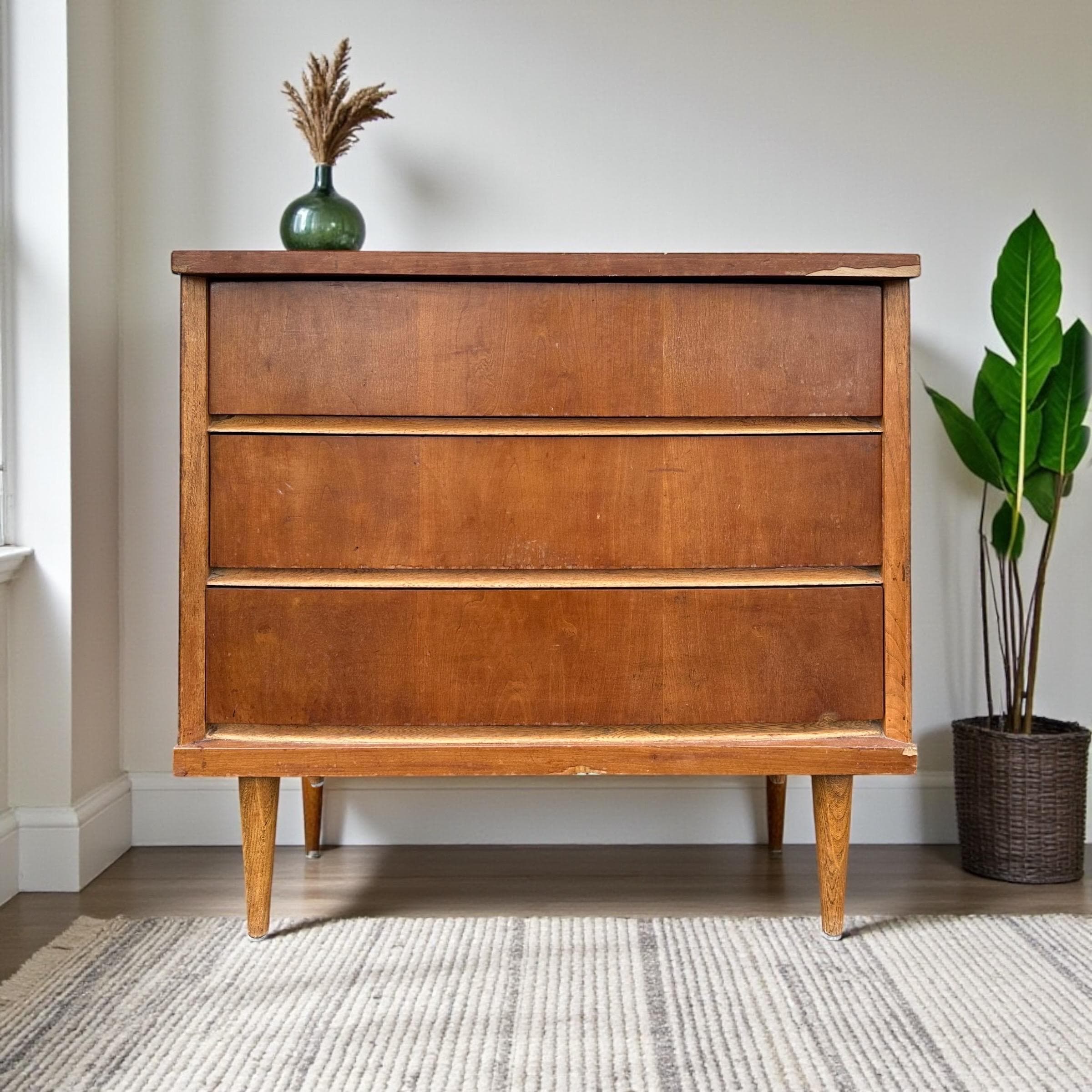 Mid Century Modern Nightstand with 3 Drawers by Bassett Tempo - 1960s Vintage Cherry Wood MCM Bachelor Chest Dresser Table - Thumbnail 13