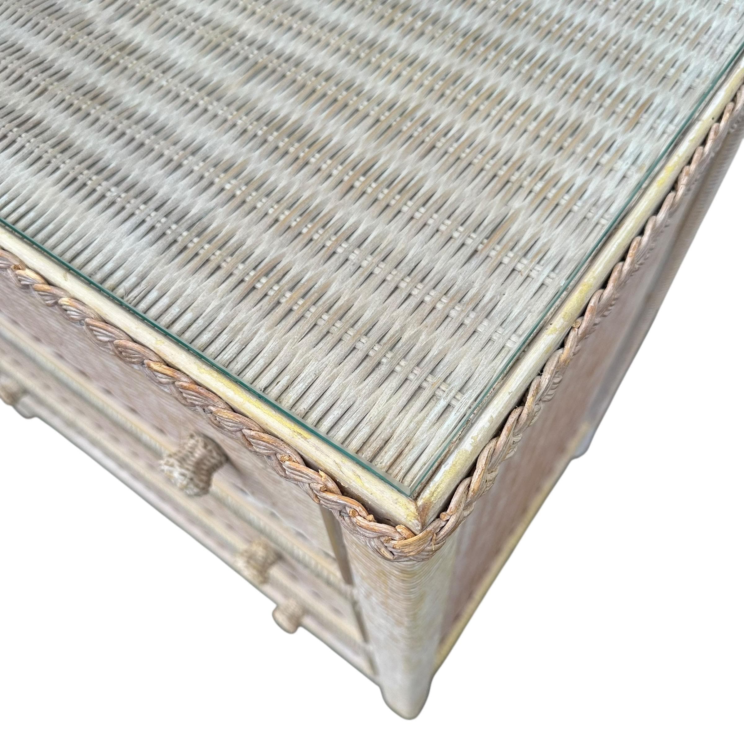 SOLD Natural Wicker Nightstand Chest by Henry Link 30” Tall - Vintage Coastal Rattan Boho Chic 3 Drawer Dresser & Glass Table Top - Thumbnail 9