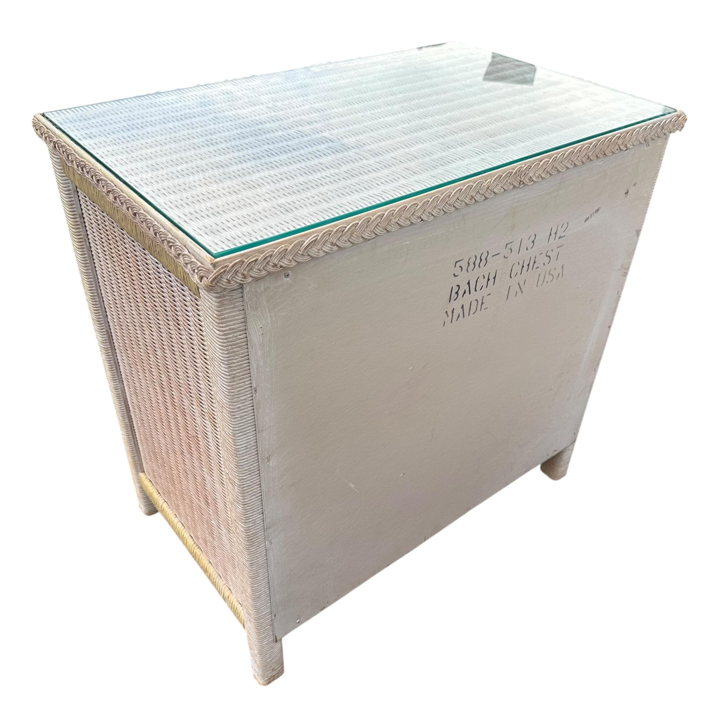 SOLD Natural Wicker Nightstand Chest by Henry Link 30” Tall - Vintage Coastal Rattan Boho Chic 3 Drawer Dresser & Glass Table Top - Thumbnail 13