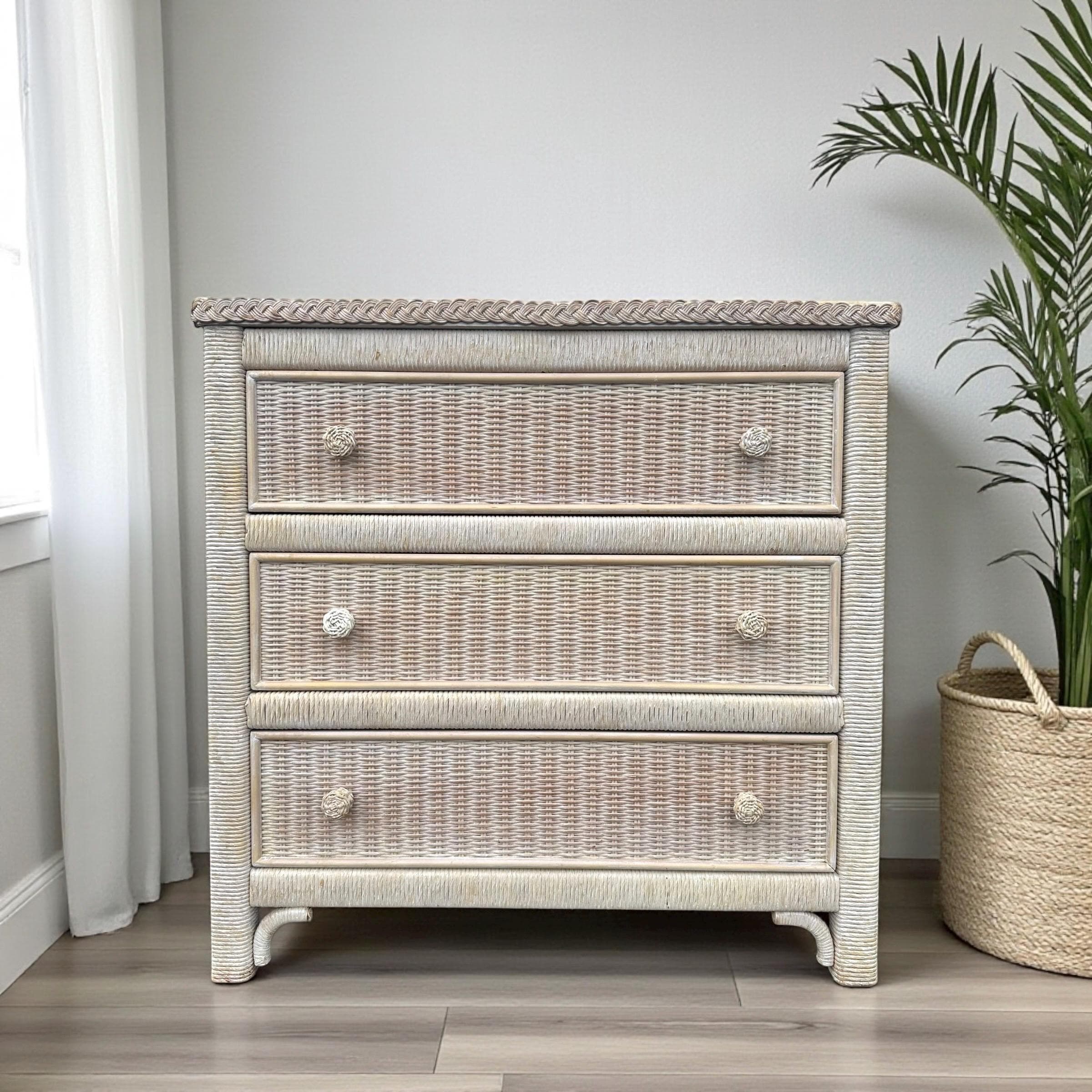 SOLD Natural Wicker Nightstand Chest by Henry Link 30” Tall - Vintage Coastal Rattan Boho Chic 3 Drawer Dresser & Glass Table Top - Thumbnail 14