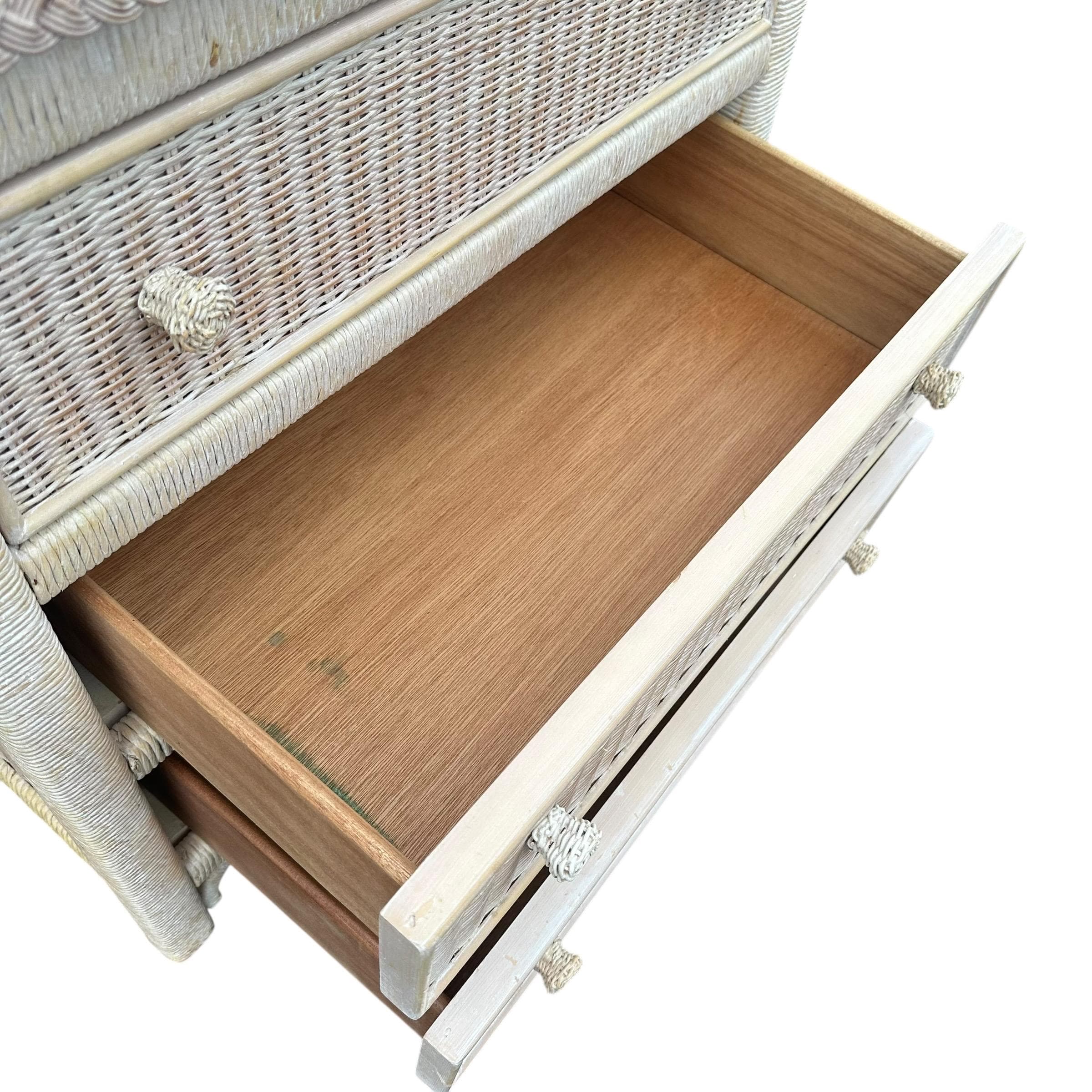 SOLD Natural Wicker Nightstand Chest by Henry Link 30” Tall - Vintage Coastal Rattan Boho Chic 3 Drawer Dresser & Glass Table Top - Thumbnail 6