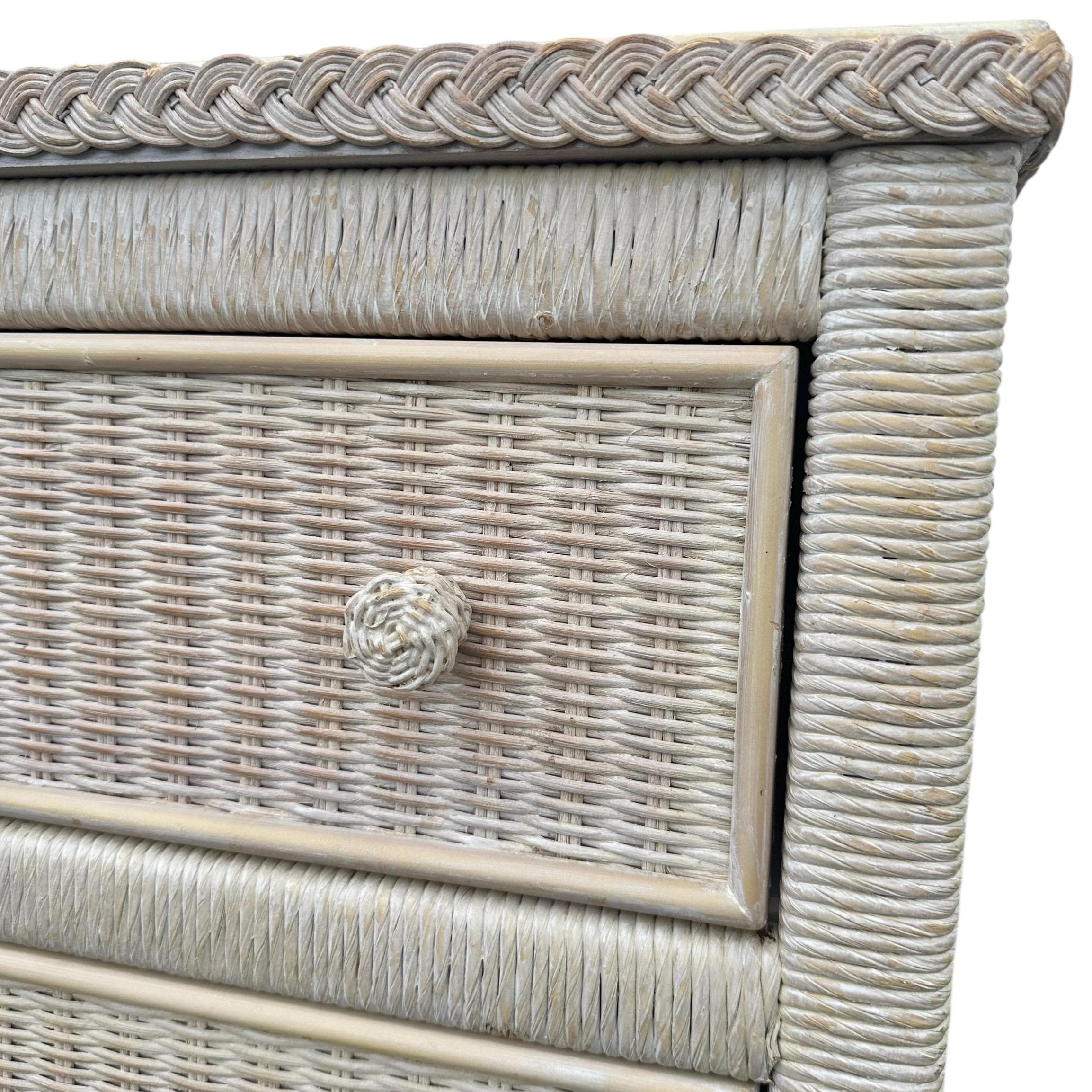 SOLD Natural Wicker Nightstand Chest by Henry Link 30” Tall - Vintage Coastal Rattan Boho Chic 3 Drawer Dresser & Glass Table Top - Thumbnail 4