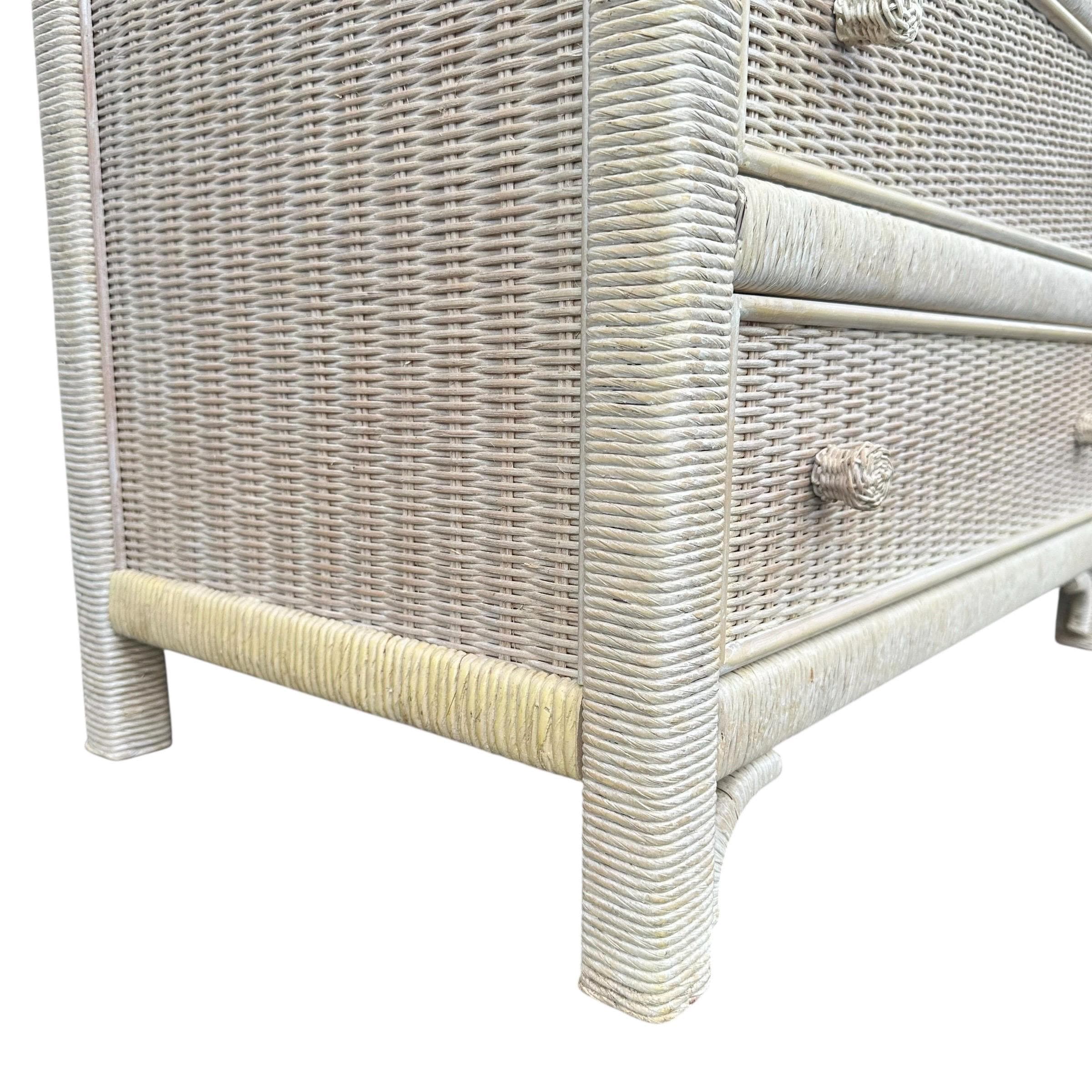 SOLD Natural Wicker Nightstand Chest by Henry Link 30” Tall - Vintage Coastal Rattan Boho Chic 3 Drawer Dresser & Glass Table Top - Thumbnail 11