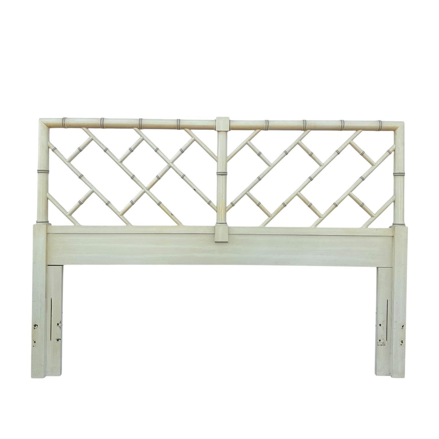 SOLD Chinese Chippendale Queen Headboard by Henry Link Bali Hai - Vintage Creamy White Faux Bamboo Fretwork Full Chinoiserie Coastal
