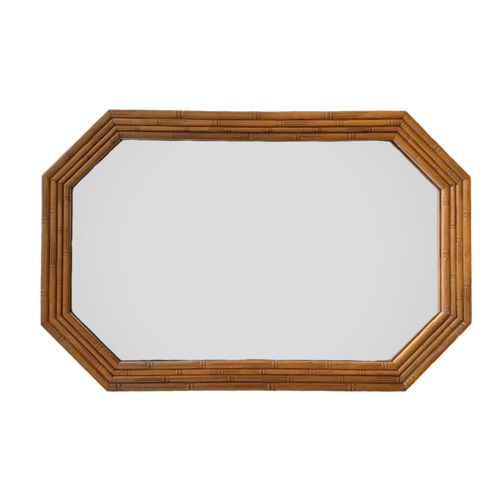 Vintage Faux Bamboo Mirror 26x40 LOCAL PICKUP Octagon Broyhill Boho Chic Coastal Hollywood Regency Natural Wood Tone - Image 1