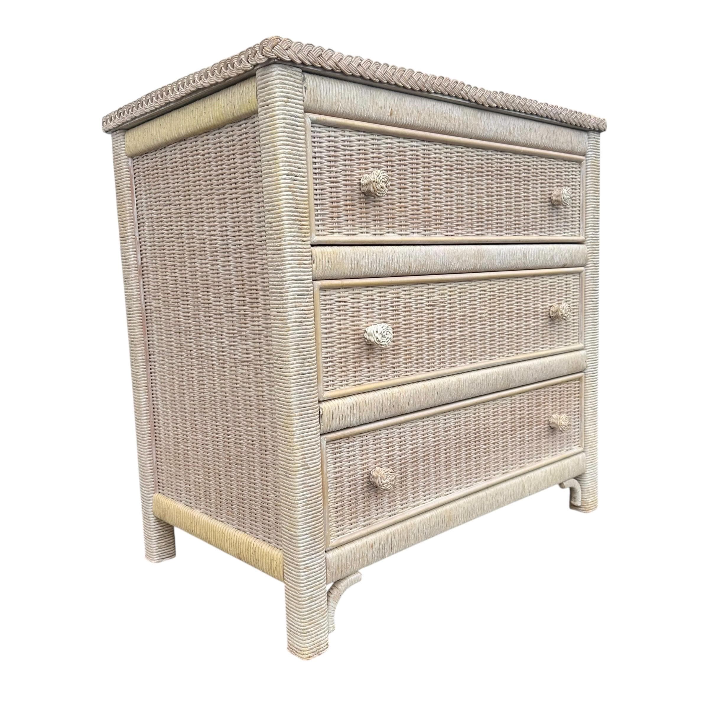 SOLD Natural Wicker Nightstand Chest by Henry Link 30” Tall - Vintage Coastal Rattan Boho Chic 3 Drawer Dresser & Glass Table Top - Thumbnail 10
