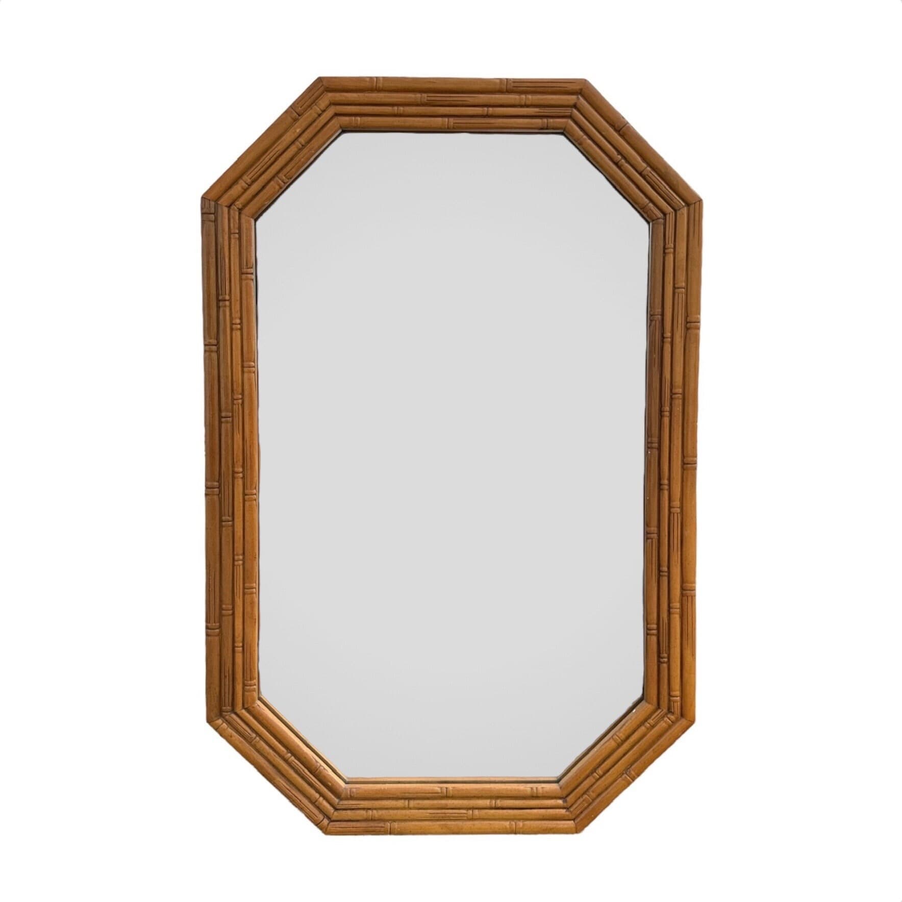 Vintage Faux Bamboo Mirror 26x40 LOCAL PICKUP Octagon Broyhill Boho Chic Coastal Hollywood Regency Natural Wood Tone - Thumbnail 2