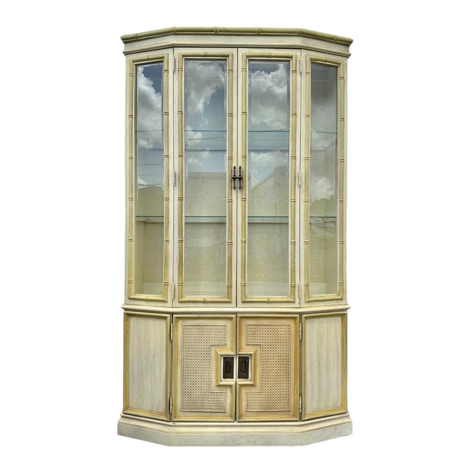Faux Bamboo China Cabinet by Stanley - Vintage Yellow Lighted Hollywood Regency Coastal Illuminated Rattan Cane Angled Glass Display Case - Image 1