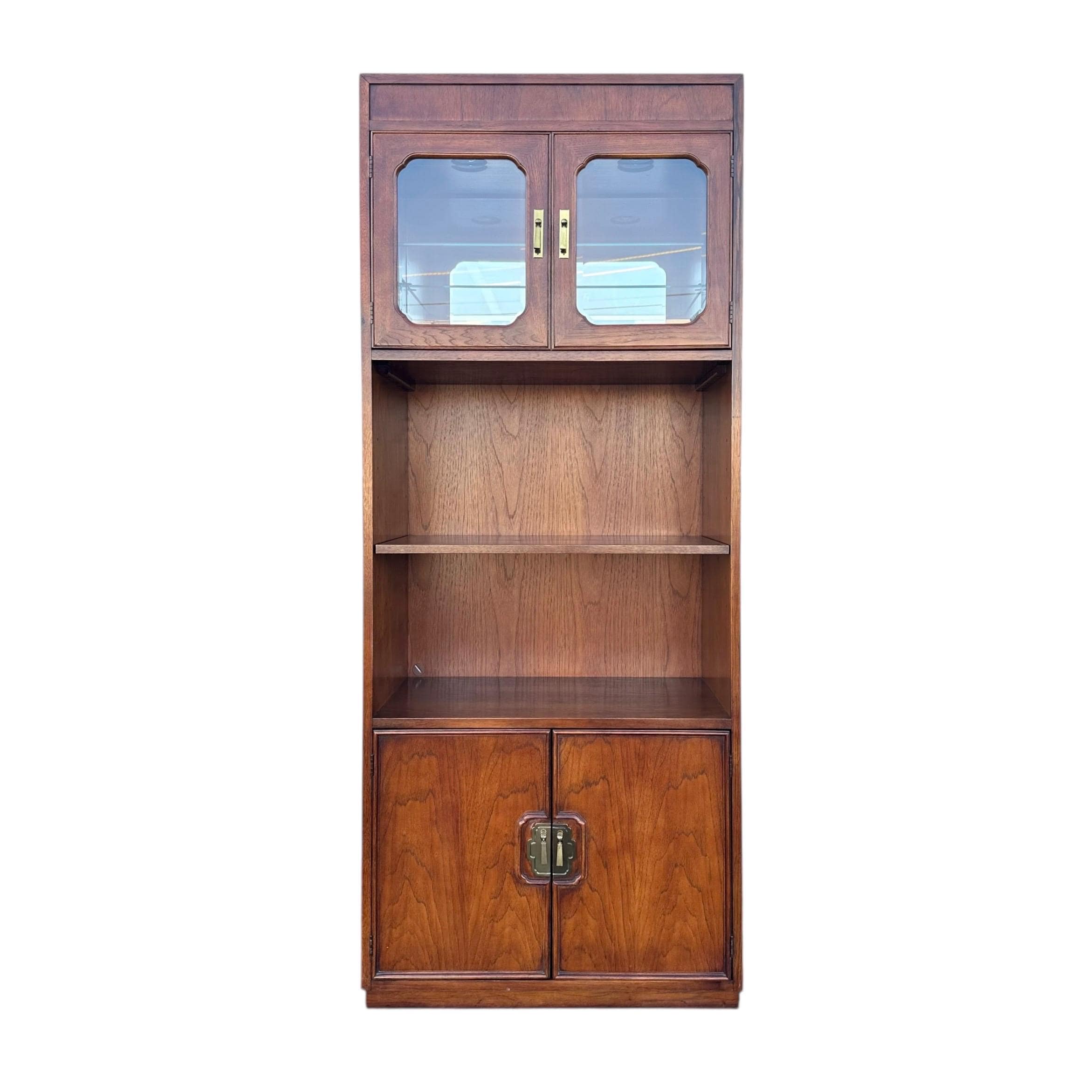 Vintage Thomasville Mystique Display Cabinet - Lighted Glass Top, Mirrored Back, Pecan Wood, Asian-Inspired Hardware