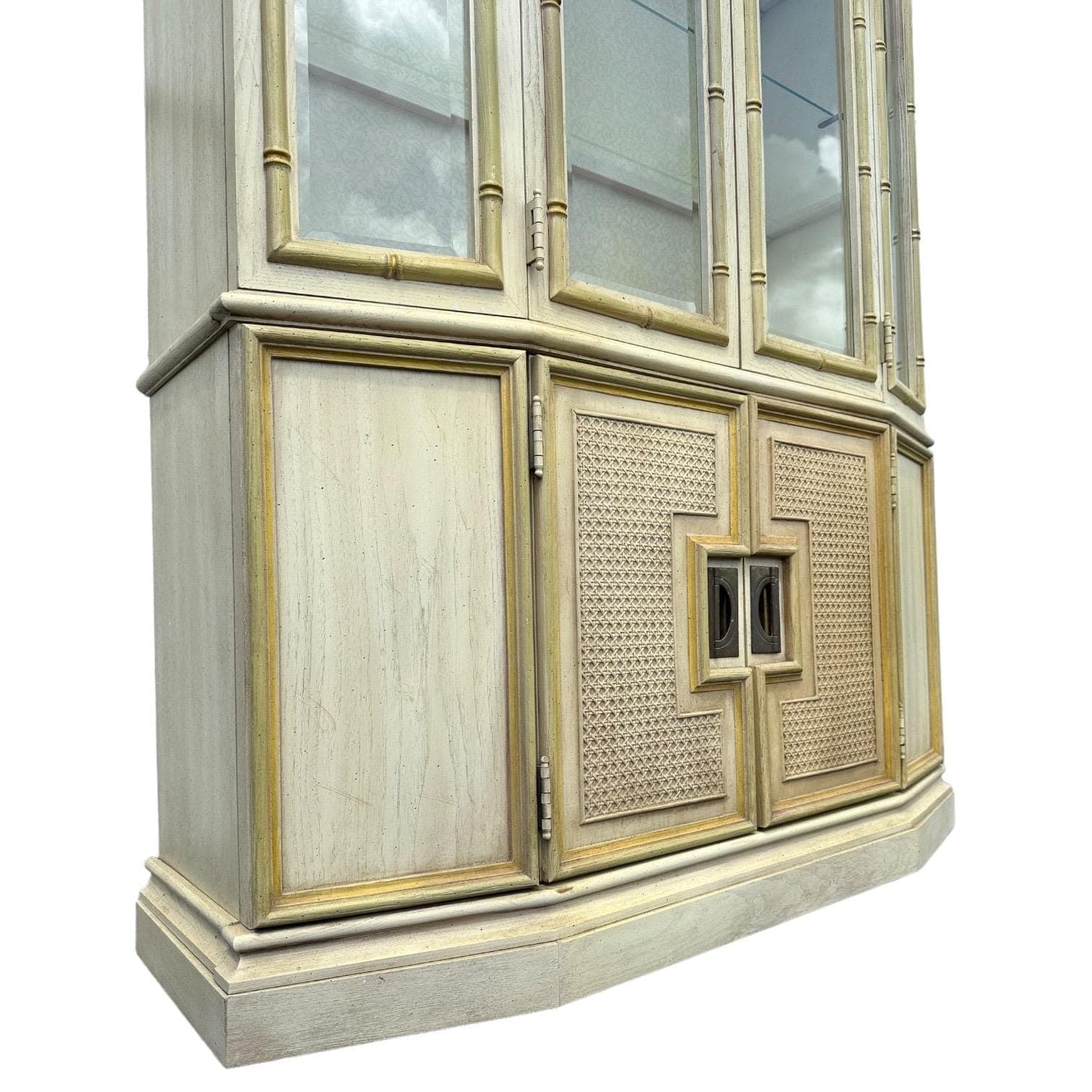Faux Bamboo China Cabinet by Stanley - Vintage Yellow Lighted Hollywood Regency Coastal Illuminated Rattan Cane Angled Glass Display Case - Thumbnail 8