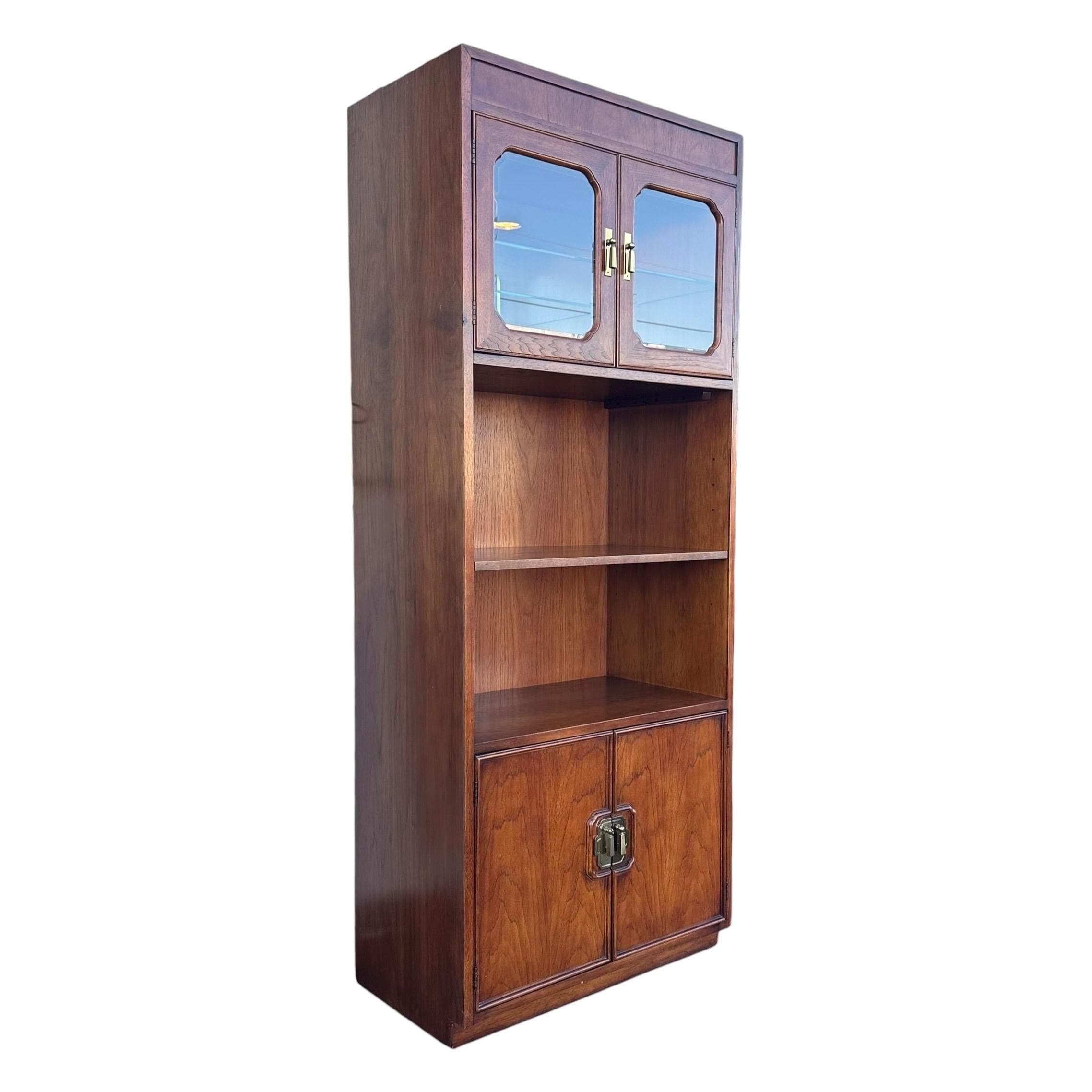 Vintage Thomasville Mystique Display Cabinet - Lighted Glass Top, Mirrored Back, Pecan Wood, Asian-Inspired Hardware - Thumbnail 2