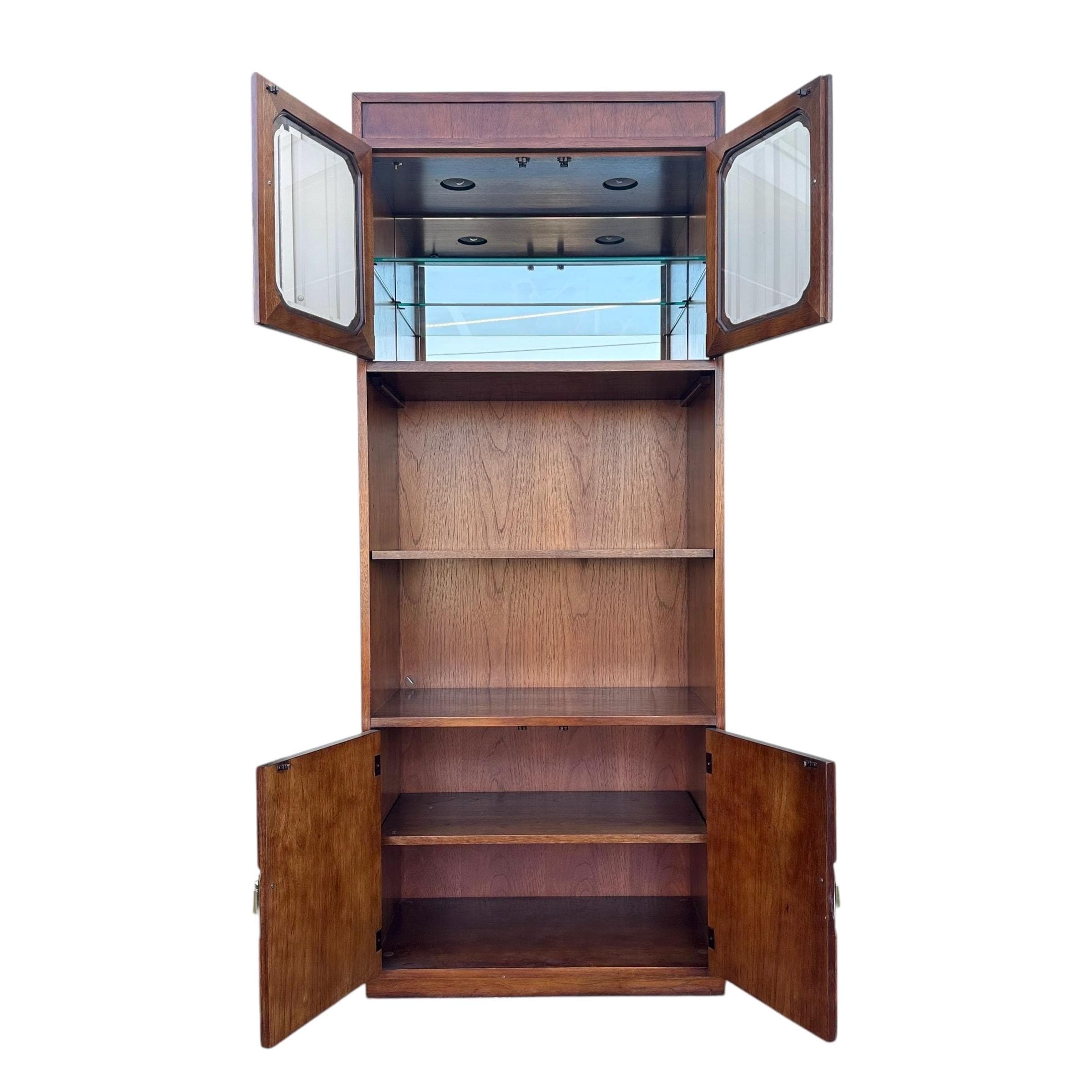 Vintage Thomasville Mystique Display Cabinet - Lighted Glass Top, Mirrored Back, Pecan Wood, Asian-Inspired Hardware - Thumbnail 3