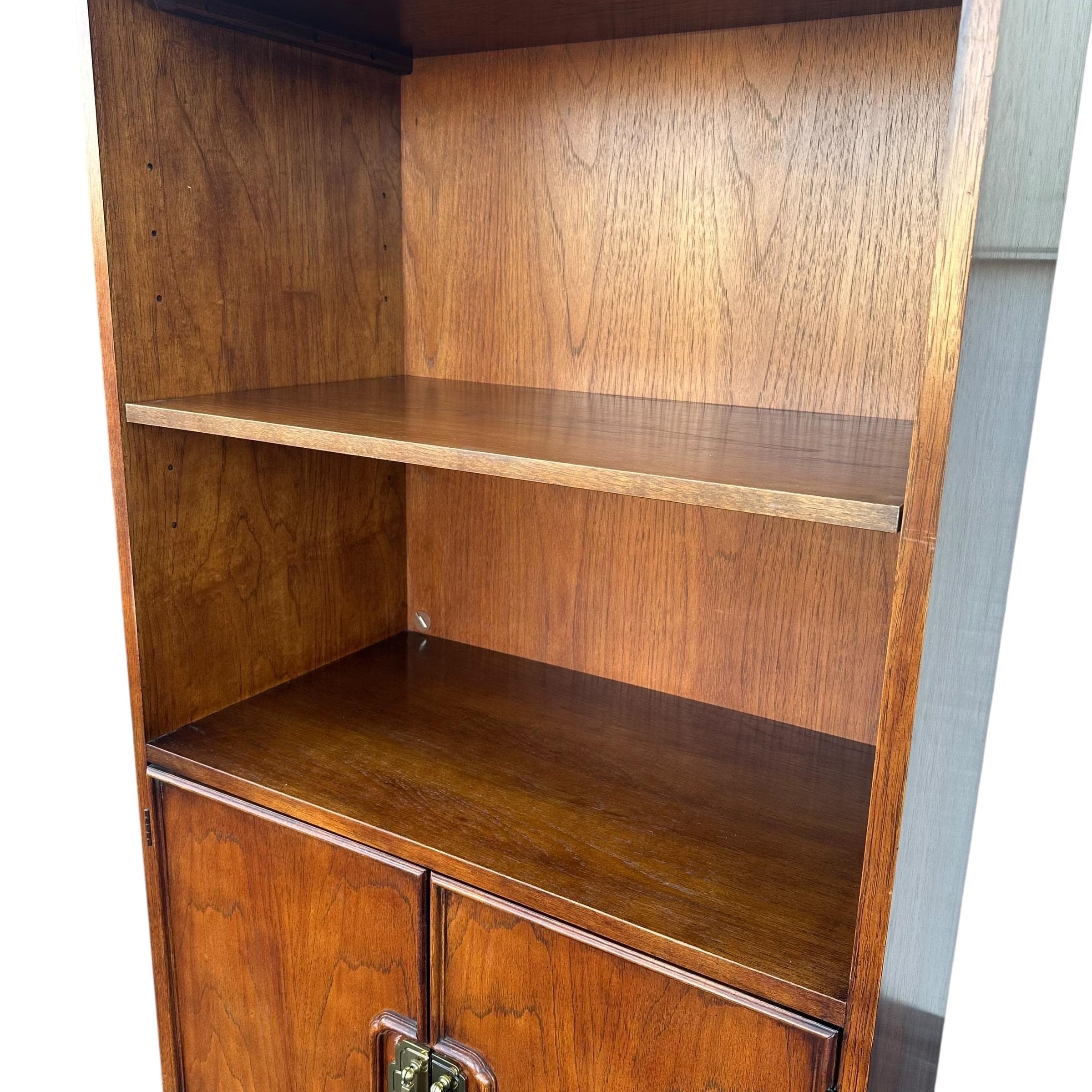 Vintage Thomasville Mystique Display Cabinet - Lighted Glass Top, Mirrored Back, Pecan Wood, Asian-Inspired Hardware - Thumbnail 9