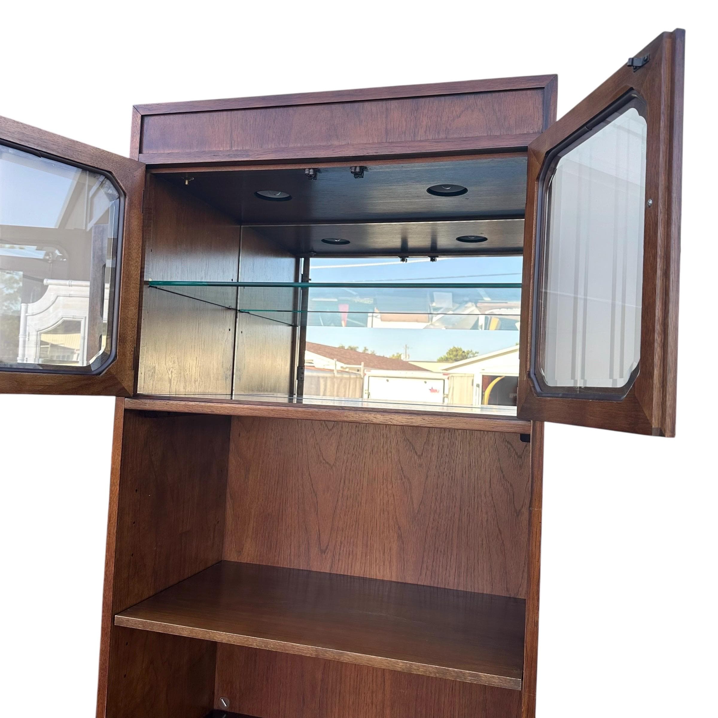 Vintage Thomasville Mystique Display Cabinet - Lighted Glass Top, Mirrored Back, Pecan Wood, Asian-Inspired Hardware - Thumbnail 5