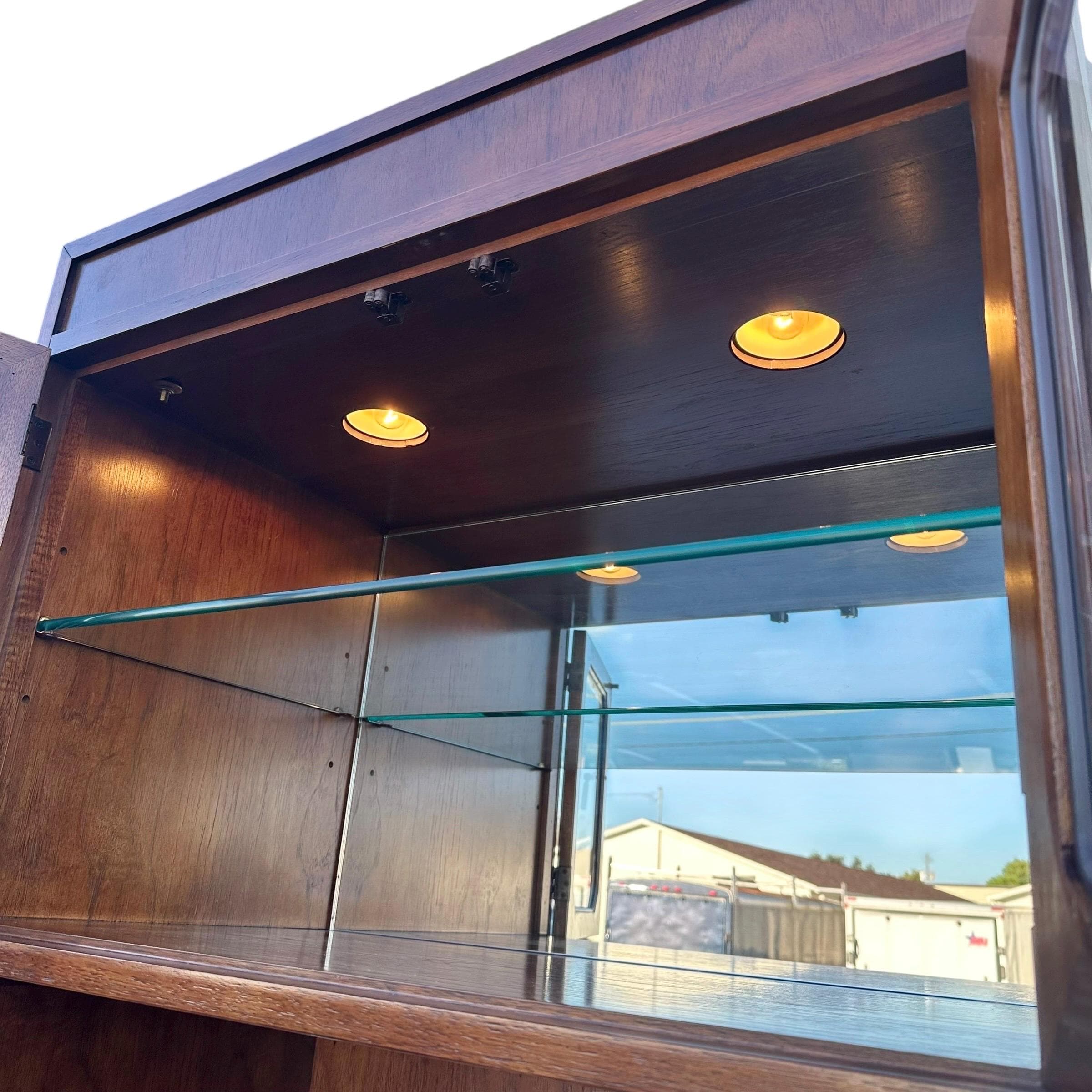 Vintage Thomasville Mystique Display Cabinet - Lighted Glass Top, Mirrored Back, Pecan Wood, Asian-Inspired Hardware - Thumbnail 7