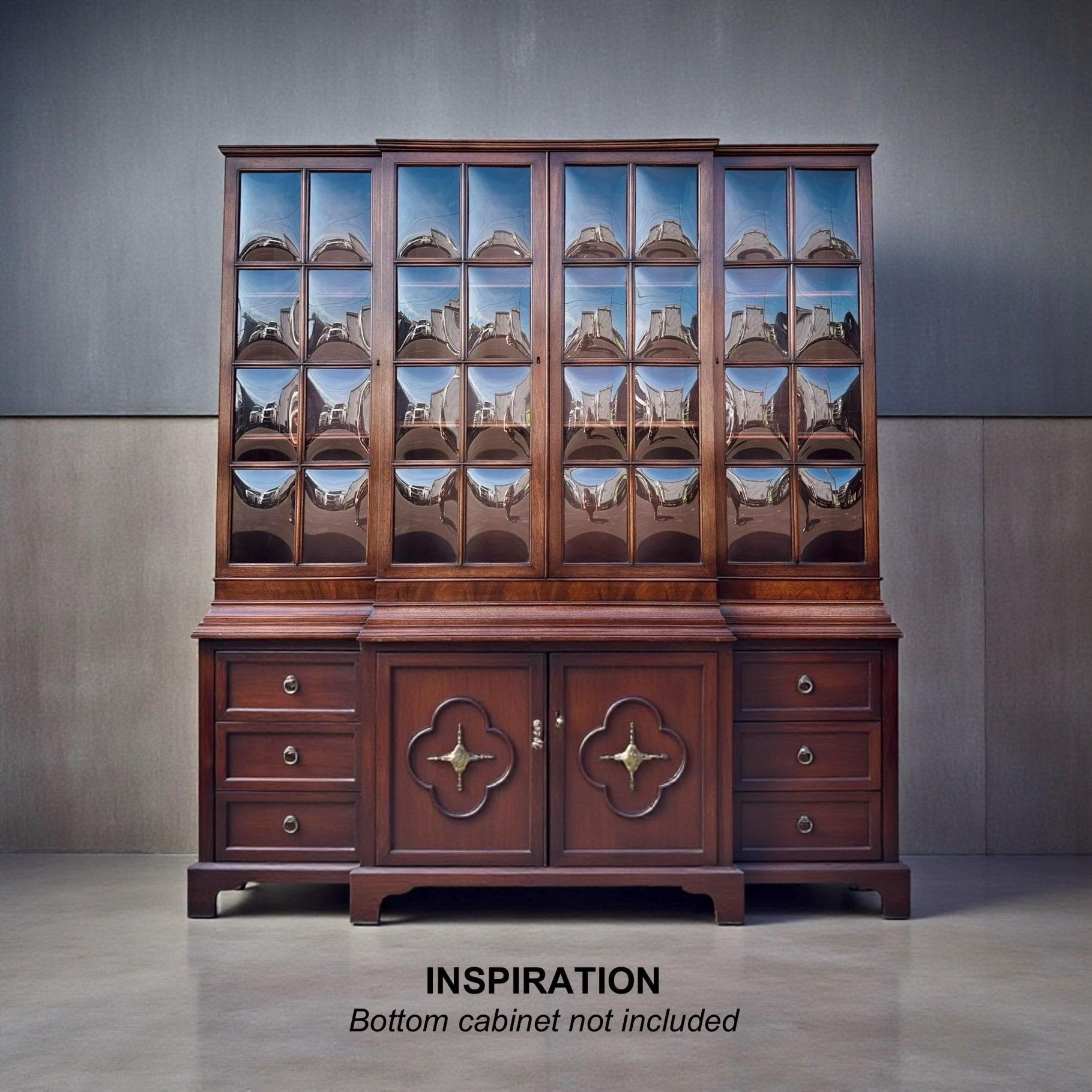 Vintage Mahogany Hutch by Mount Airy - 24 Bubble Glass Panel Doors, Skeleton Key, Display Cabinet - Thumbnail 6