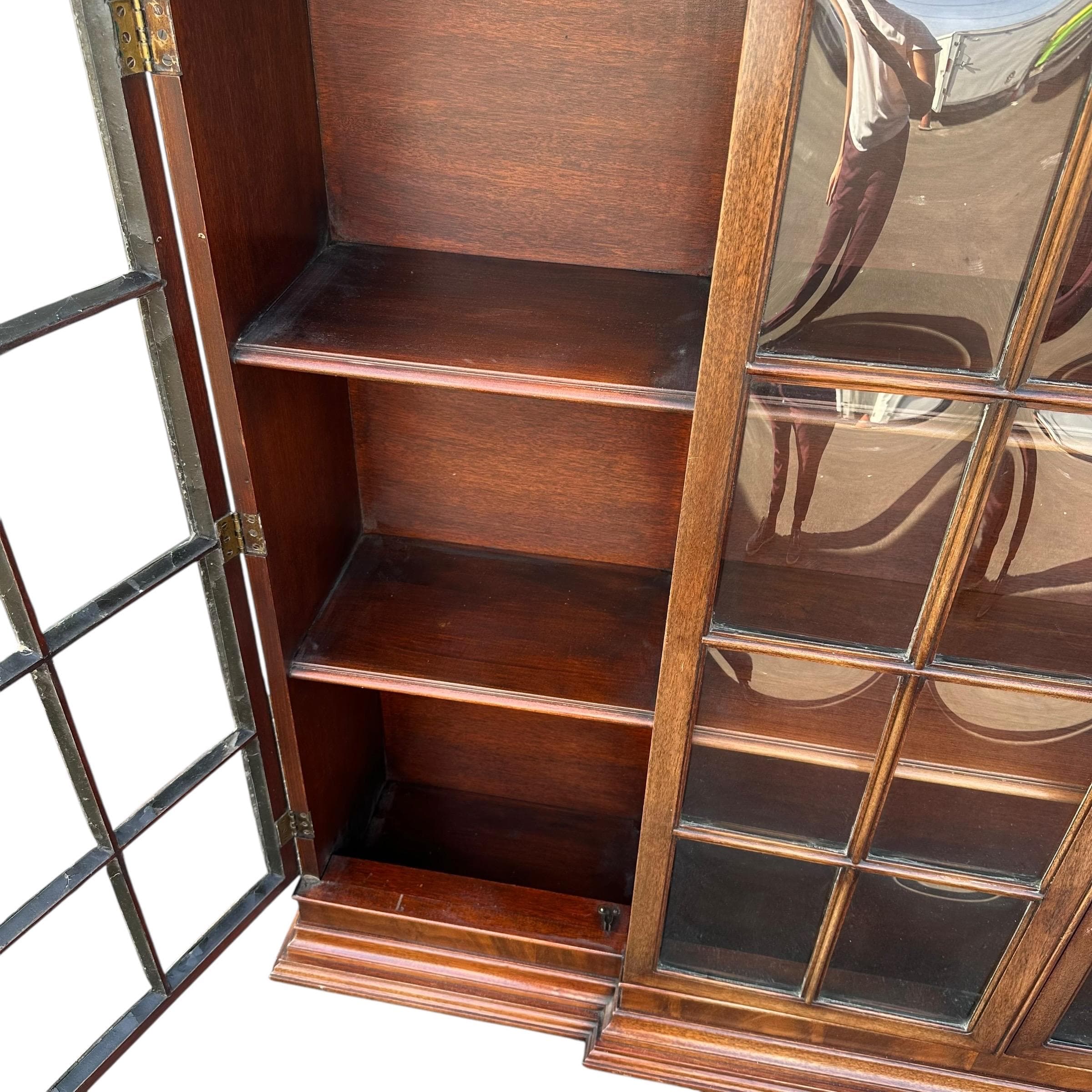 Vintage Mahogany Hutch by Mount Airy - 24 Bubble Glass Panel Doors, Skeleton Key, Display Cabinet - Thumbnail 12