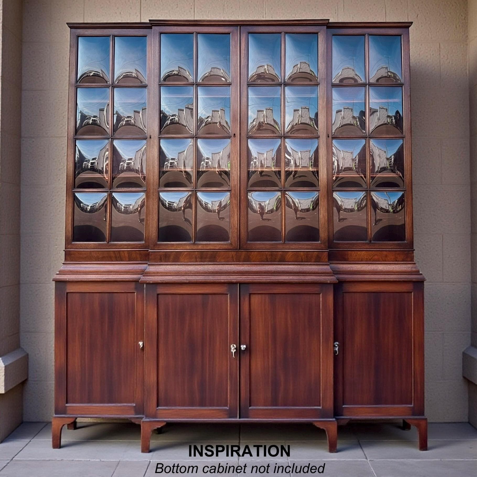 Vintage Mahogany Hutch by Mount Airy - 24 Bubble Glass Panel Doors, Skeleton Key, Display Cabinet - Thumbnail 19