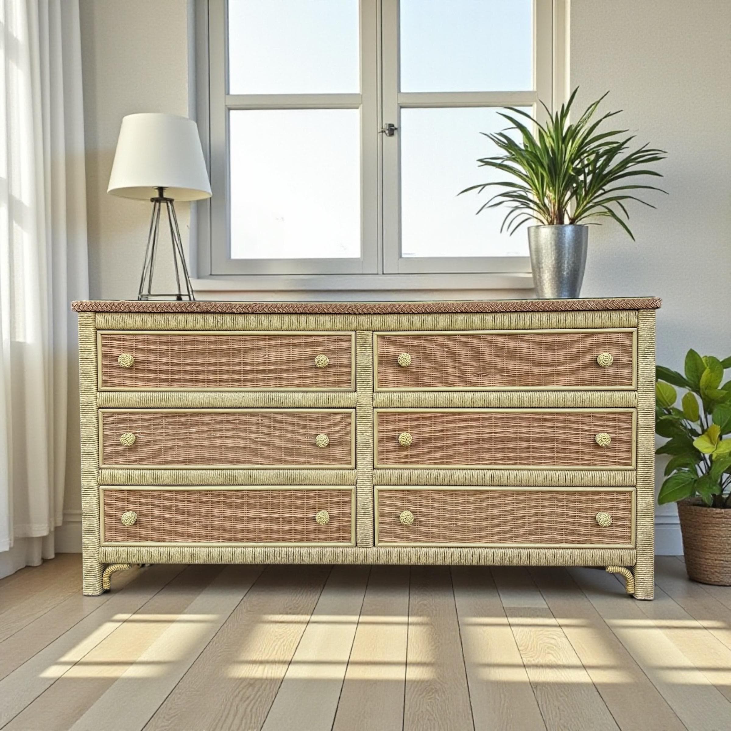Henry Link Wicker Dresser with 6 Drawers - Vintage Wrapped Rattan Coastal Boho Chic Furniture