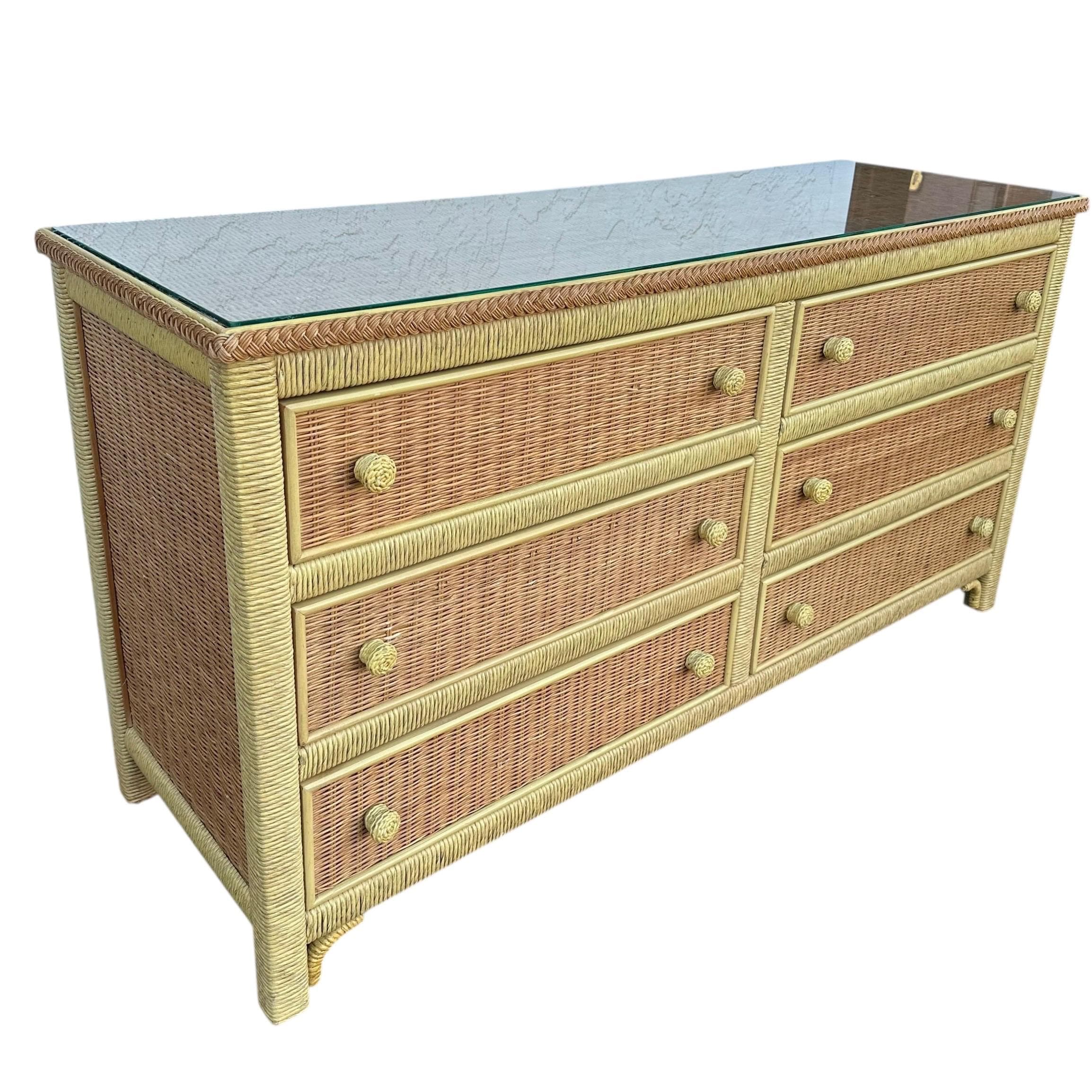 Henry Link Wicker Dresser with 6 Drawers - Vintage Wrapped Rattan Coastal Boho Chic Furniture - Thumbnail 8