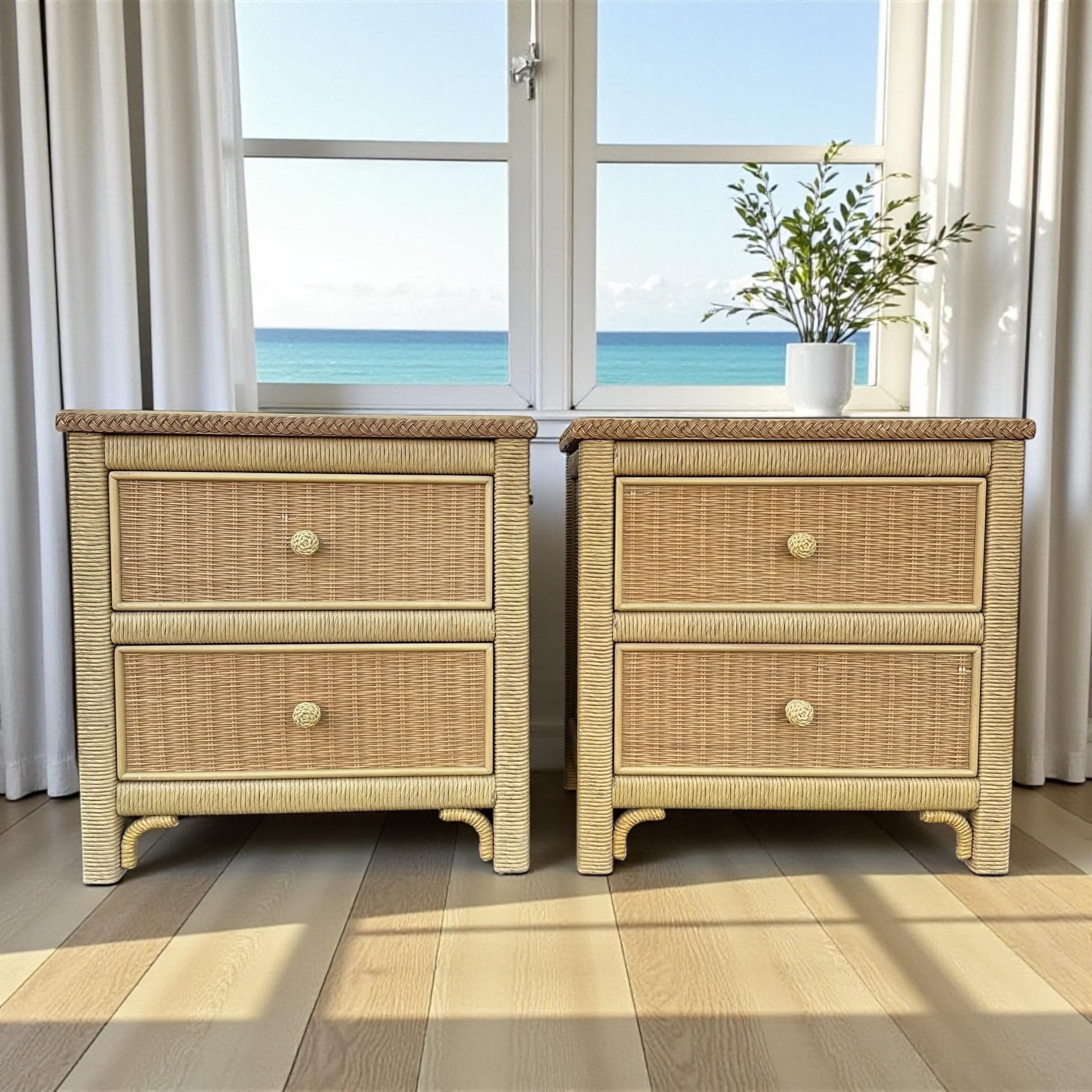 Henry Link Wicker Nightstands Pair - Set of 2 Vintage Natural Rattan Coastal Furniture - Image 1