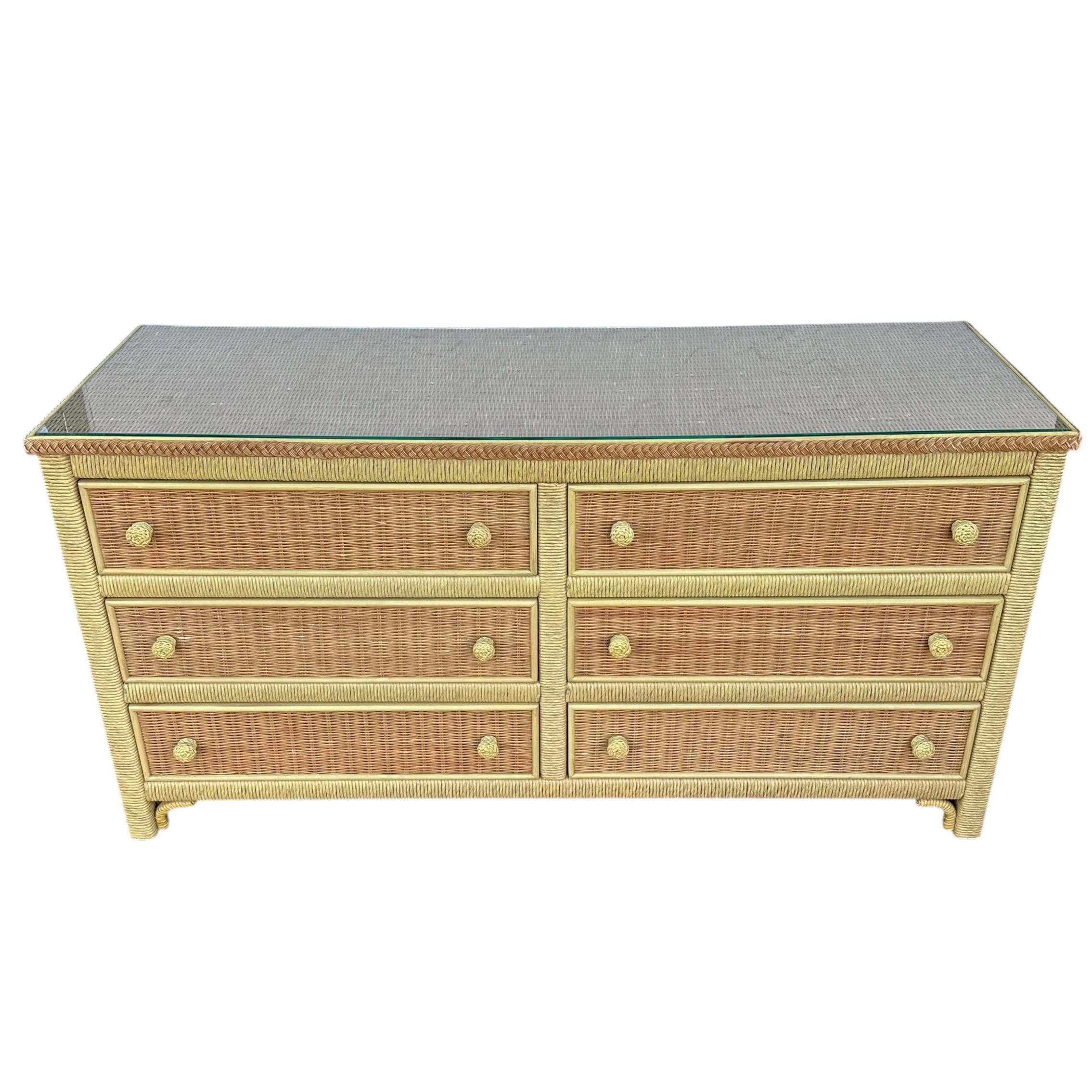 Henry Link Wicker Dresser with 6 Drawers - Vintage Wrapped Rattan Coastal Boho Chic Furniture - Thumbnail 12