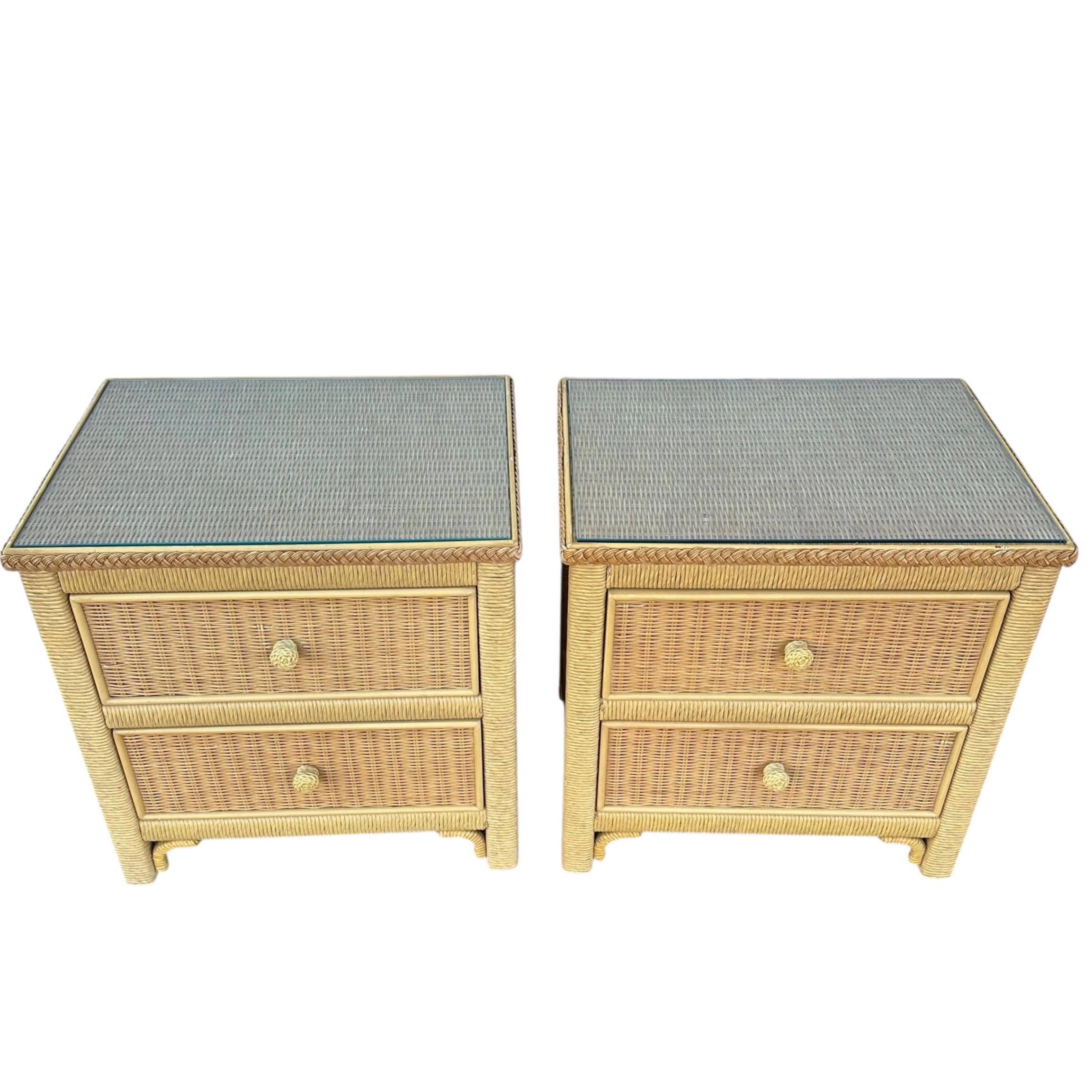 Henry Link Wicker Nightstands Pair - Set of 2 Vintage Natural Rattan Coastal Furniture - Thumbnail 2