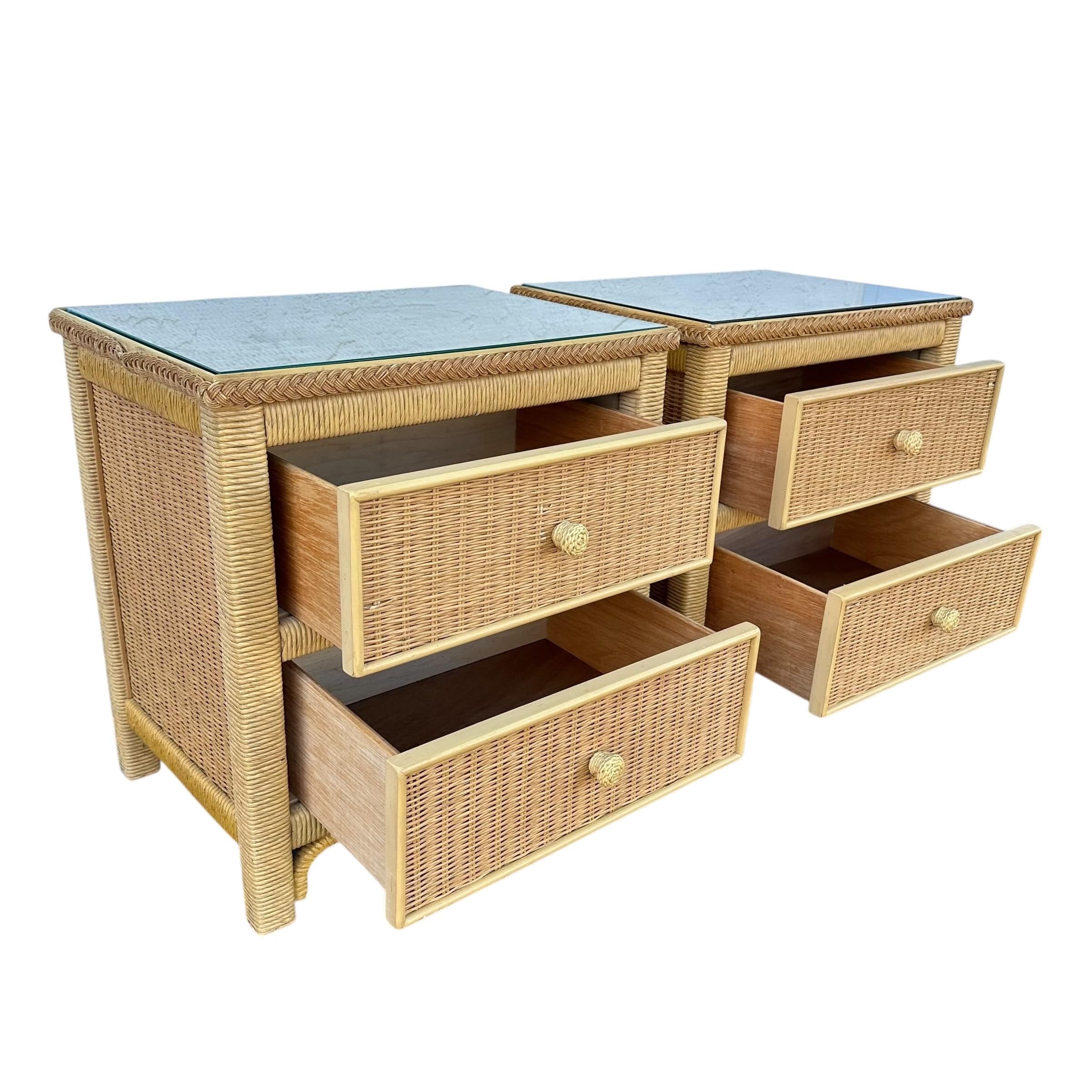 Henry Link Wicker Nightstands Pair - Set of 2 Vintage Natural Rattan Coastal Furniture - Thumbnail 3