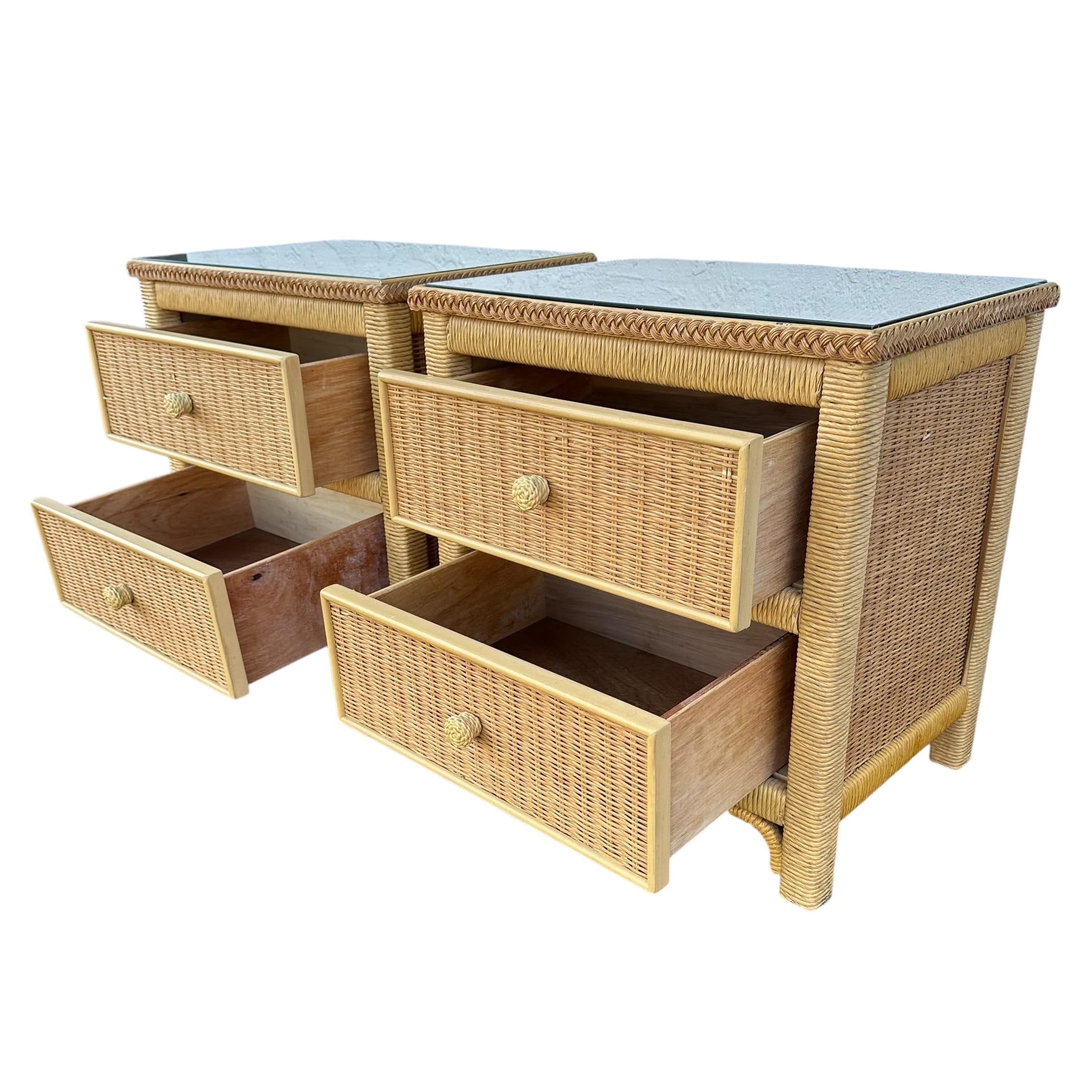 Henry Link Wicker Nightstands Pair - Set of 2 Vintage Natural Rattan Coastal Furniture - Thumbnail 5