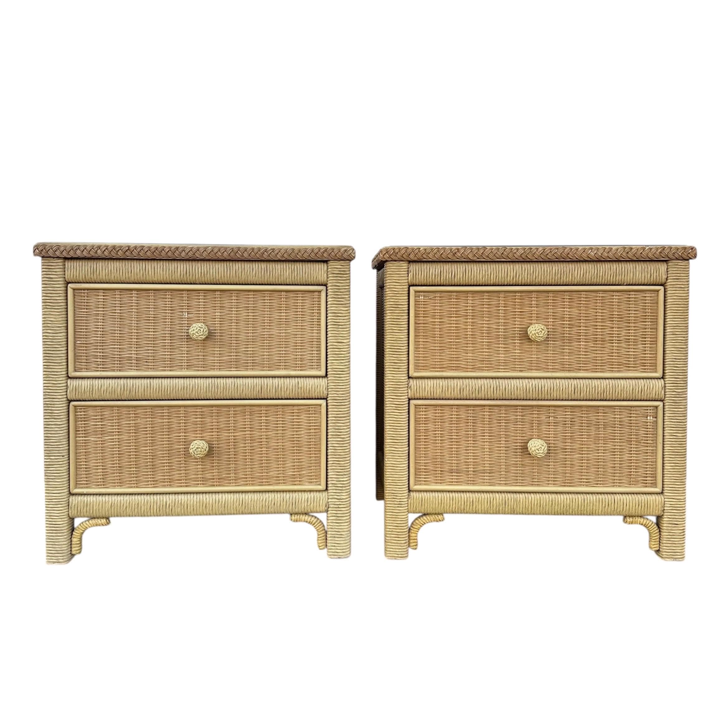Henry Link Wicker Nightstands Pair - Set of 2 Vintage Natural Rattan Coastal Furniture - Thumbnail 9