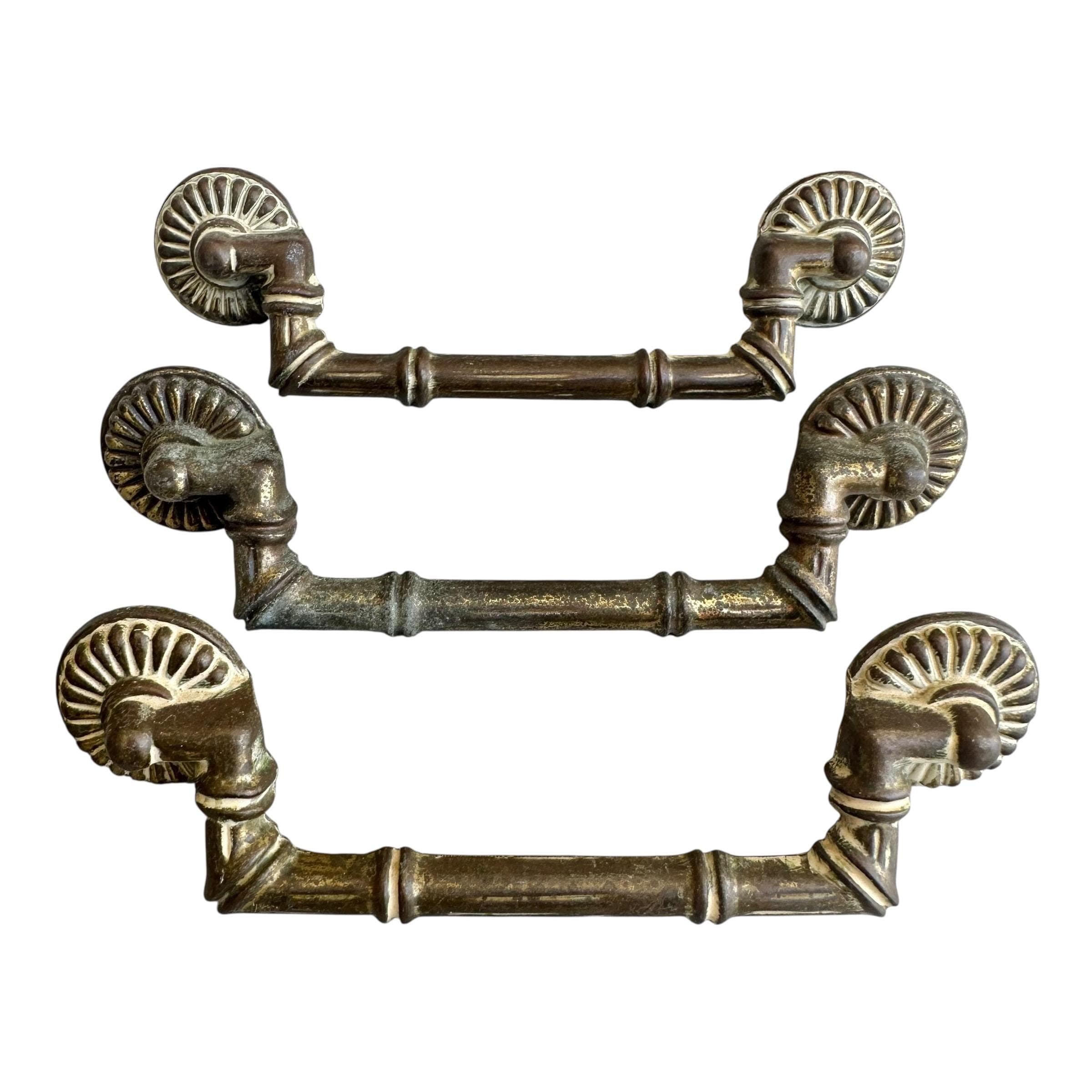 Vintage Faux Bamboo Drawer Pull: Brassy White Metal, 4.75" Center, Mid-Century Style - Thumbnail 8