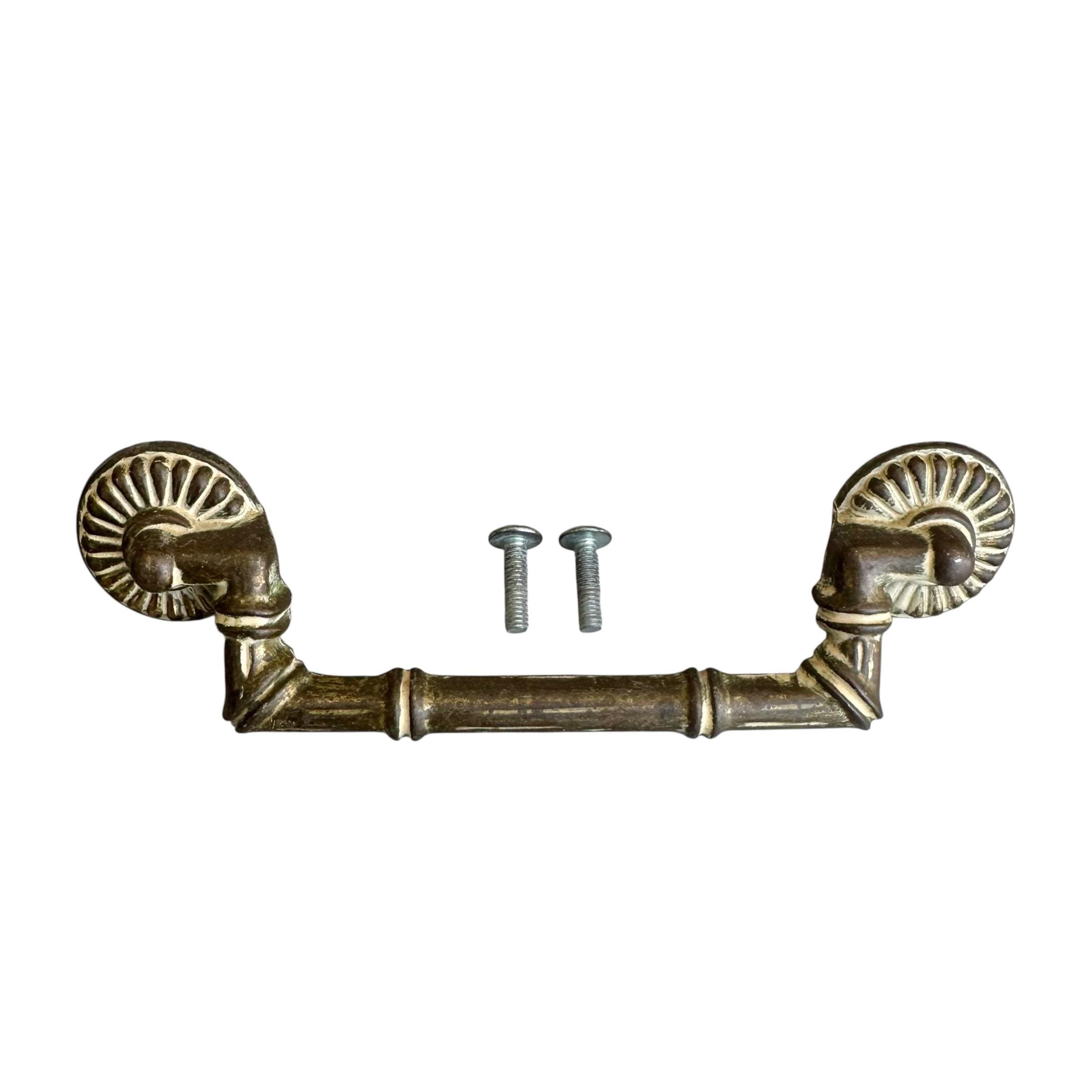 Vintage Faux Bamboo Drawer Pull: Brassy White Metal, 4.75" Center, Mid-Century Style - Thumbnail 9