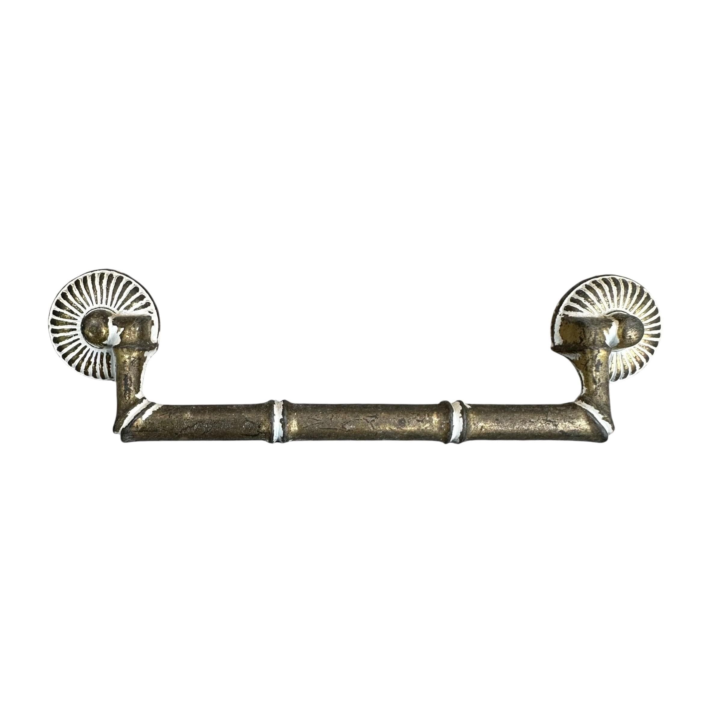 Vintage Faux Bamboo Dresser Pull - Brassy & White Metal, 5.5" Center, 6.75" Long - Image 1