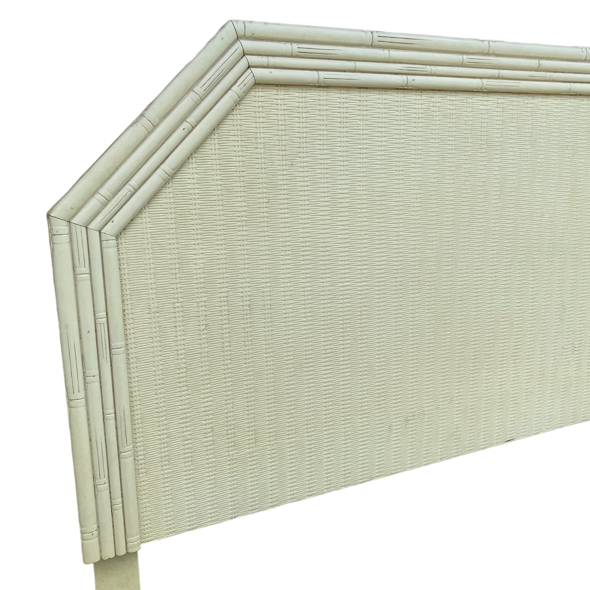 Faux Bamboo Queen Headboard with Rattan Wicker - Vintage White Broyhill Coastal Hollywood Regency Bedroom Furniture - Thumbnail 3