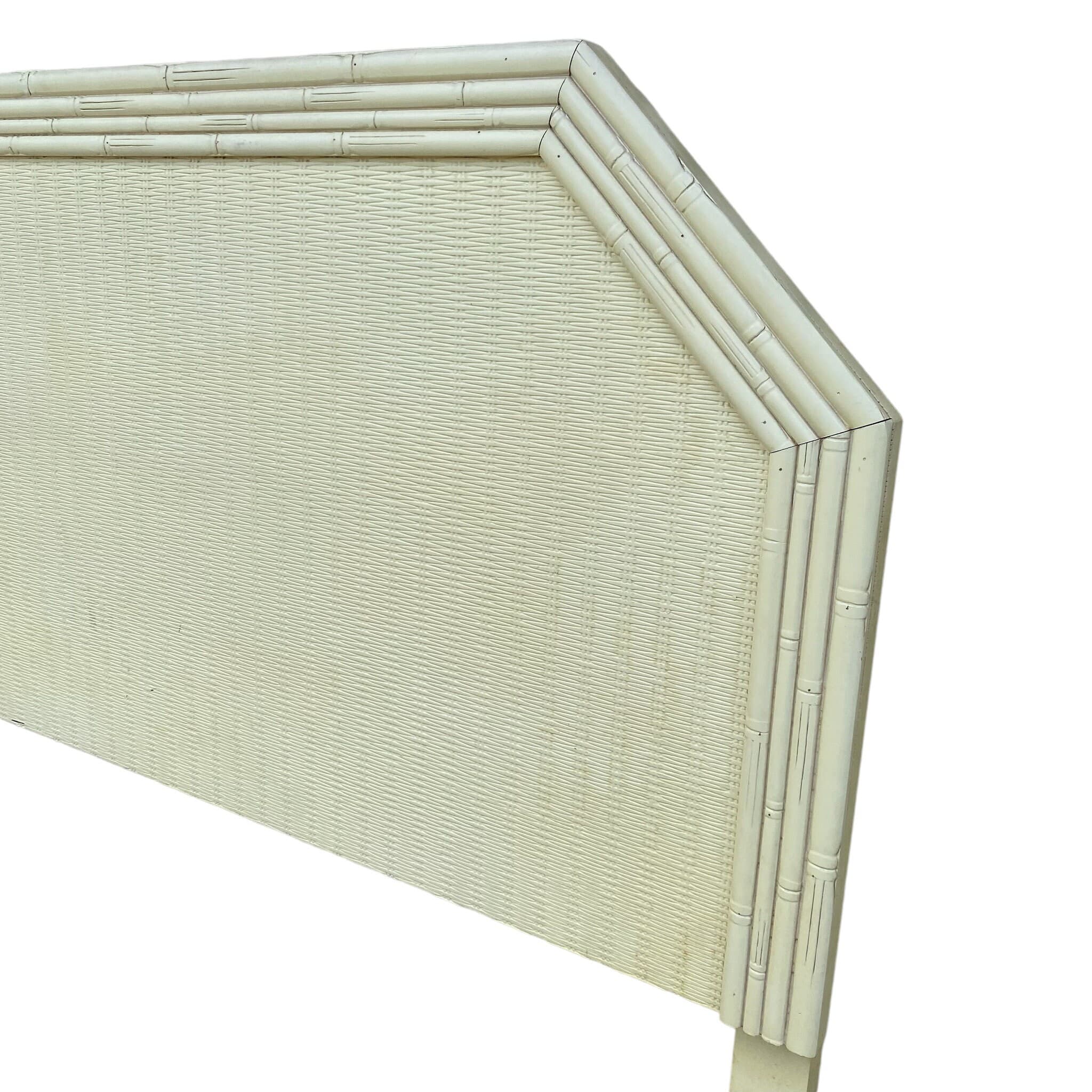 Faux Bamboo Queen Headboard with Rattan Wicker - Vintage White Broyhill Coastal Hollywood Regency Bedroom Furniture - Thumbnail 5