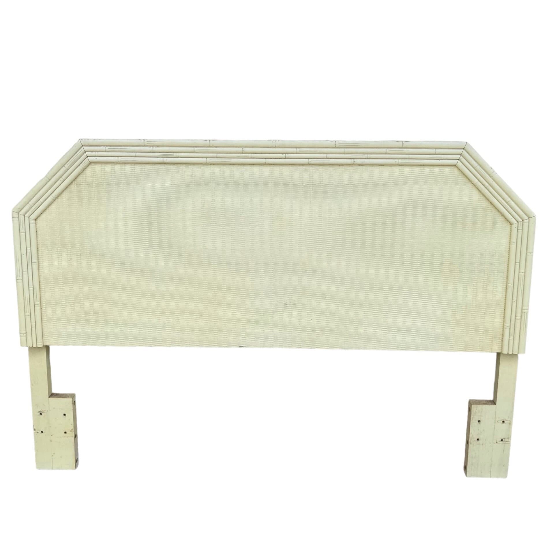 Faux Bamboo Queen Headboard with Rattan Wicker - Vintage White Broyhill Coastal Hollywood Regency Bedroom Furniture - Thumbnail 8