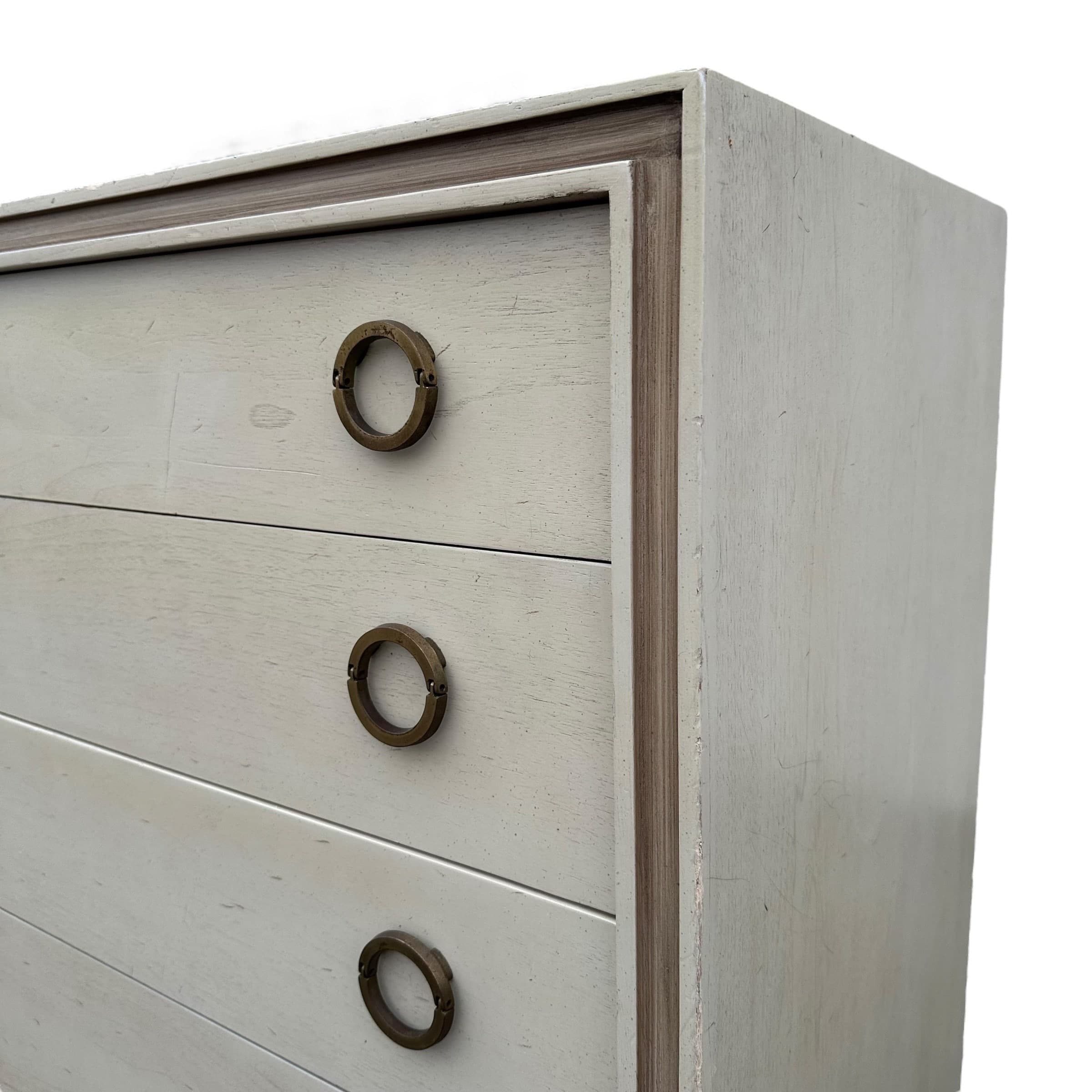 Vintage Hickory Furniture Chest with 4 Drawer Brass Ring Pulls | Mid Century Modern Cream & Gold Wood Dresser - MCM Bedroom Storage - Thumbnail 7