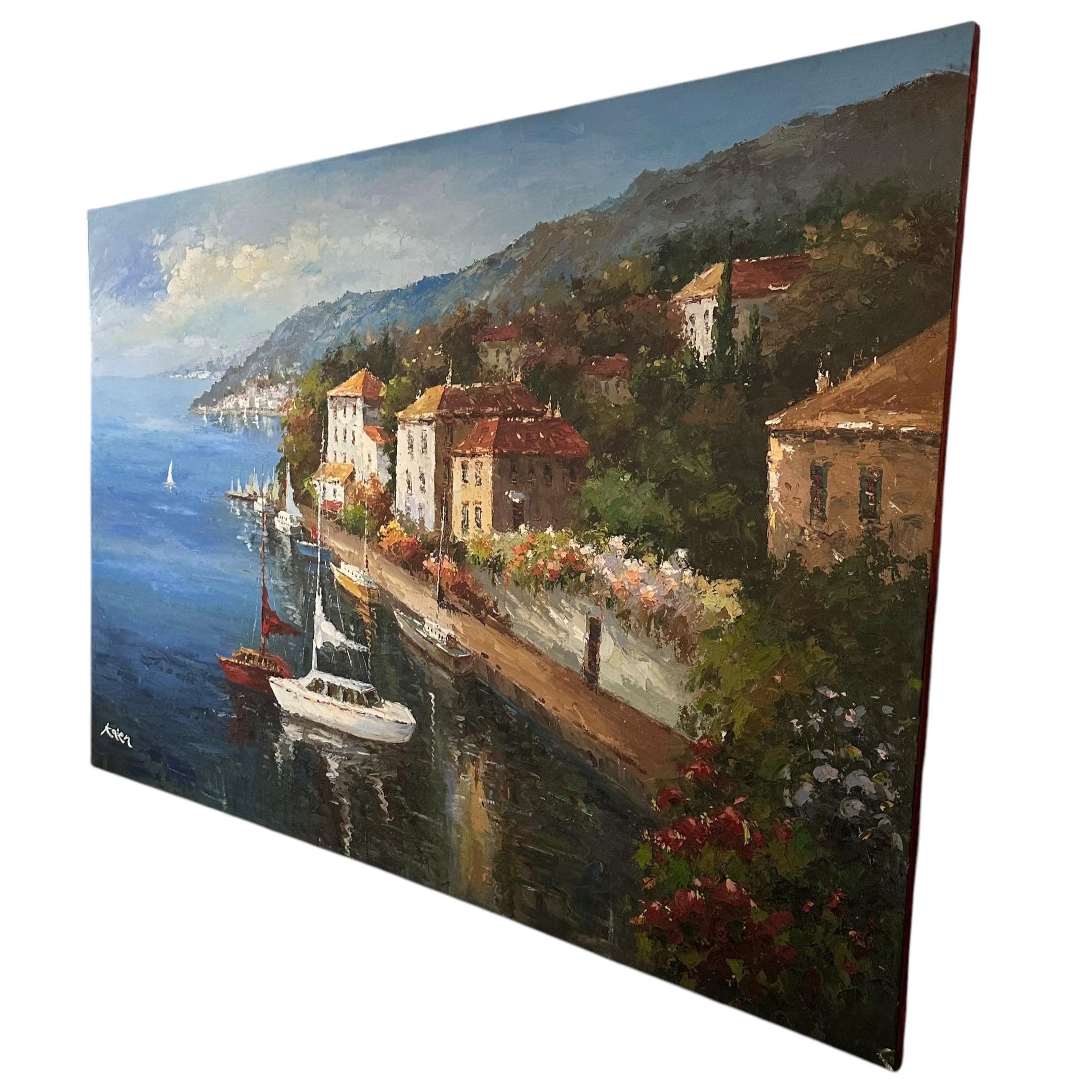 Vintage Mediterranean Sailboat Painting – Coastal Harbor Impasto Art (72x48) - Thumbnail 3