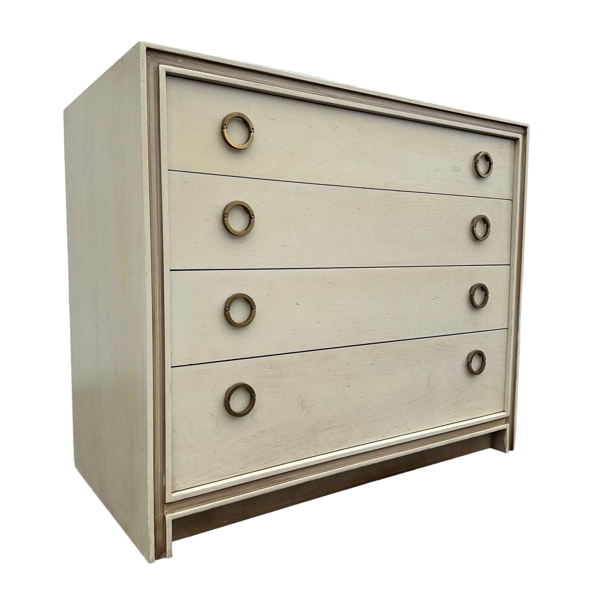 Vintage Hickory Furniture Chest with 4 Drawer Brass Ring Pulls | Mid Century Modern Cream & Gold Wood Dresser - MCM Bedroom Storage - Thumbnail 10
