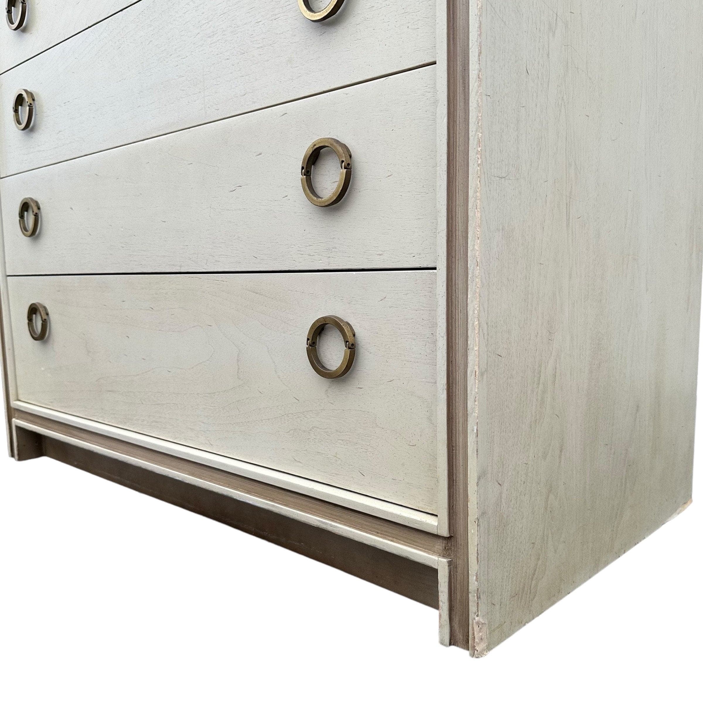 Vintage Hickory Furniture Chest with 4 Drawer Brass Ring Pulls | Mid Century Modern Cream & Gold Wood Dresser - MCM Bedroom Storage - Thumbnail 6