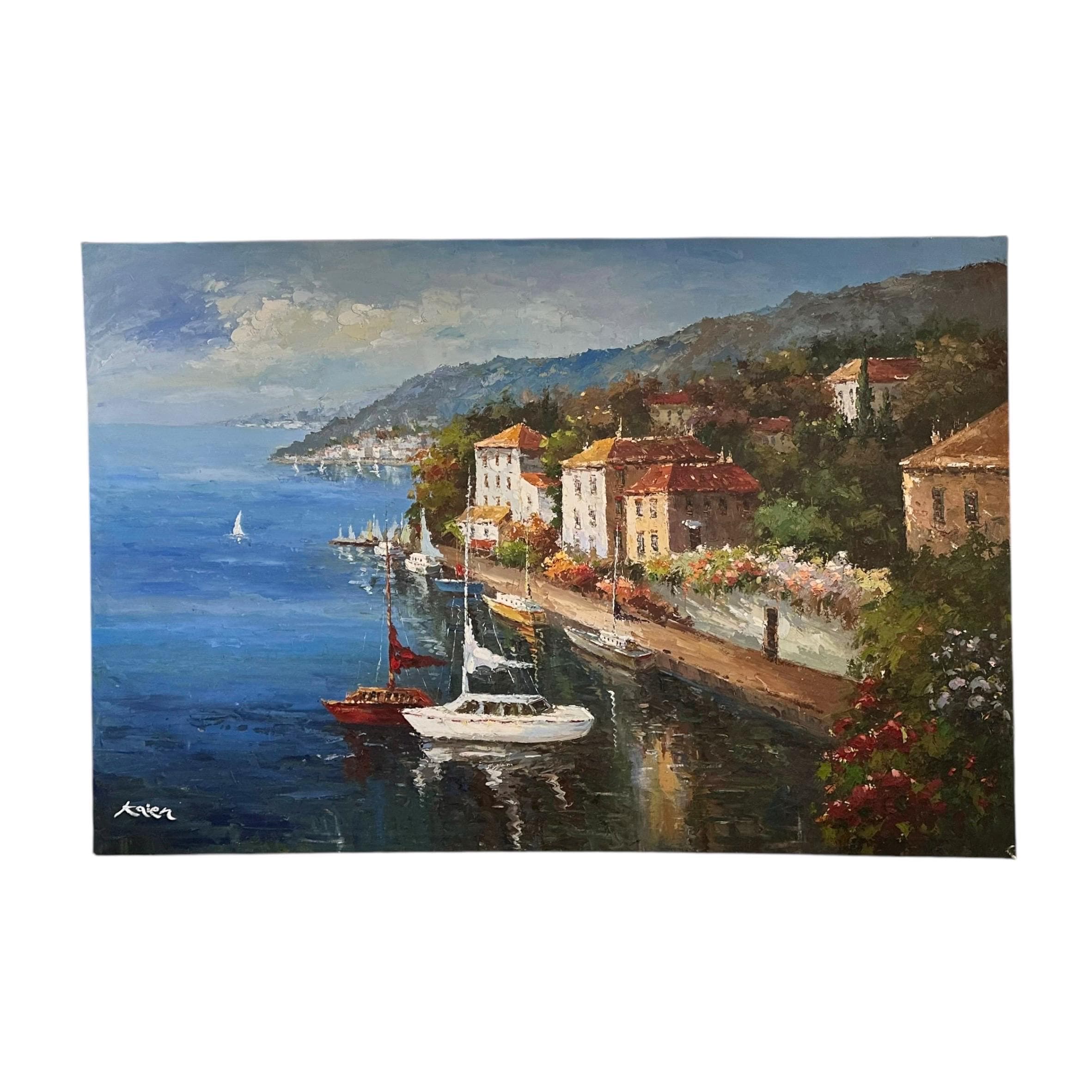 Vintage Mediterranean Sailboat Painting – Coastal Harbor Impasto Art (72x48) - Image 1