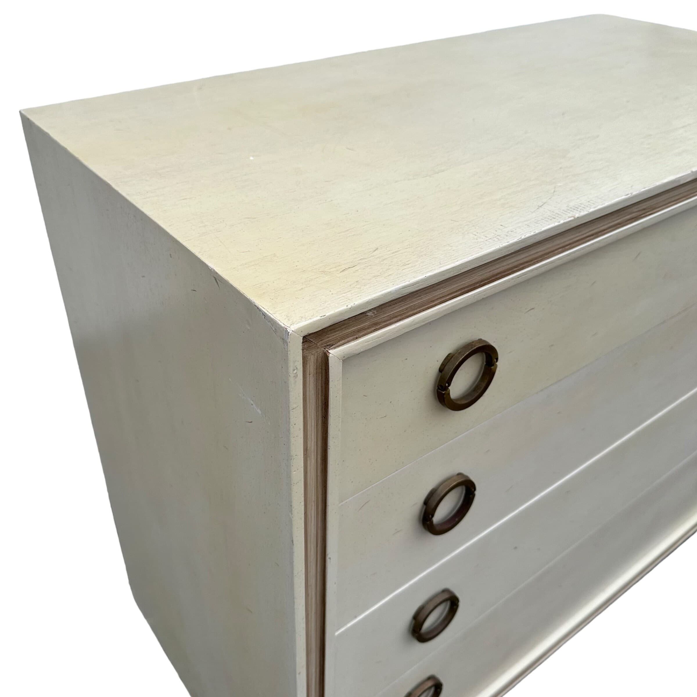 Vintage Hickory Furniture Chest with 4 Drawer Brass Ring Pulls | Mid Century Modern Cream & Gold Wood Dresser - MCM Bedroom Storage - Thumbnail 8