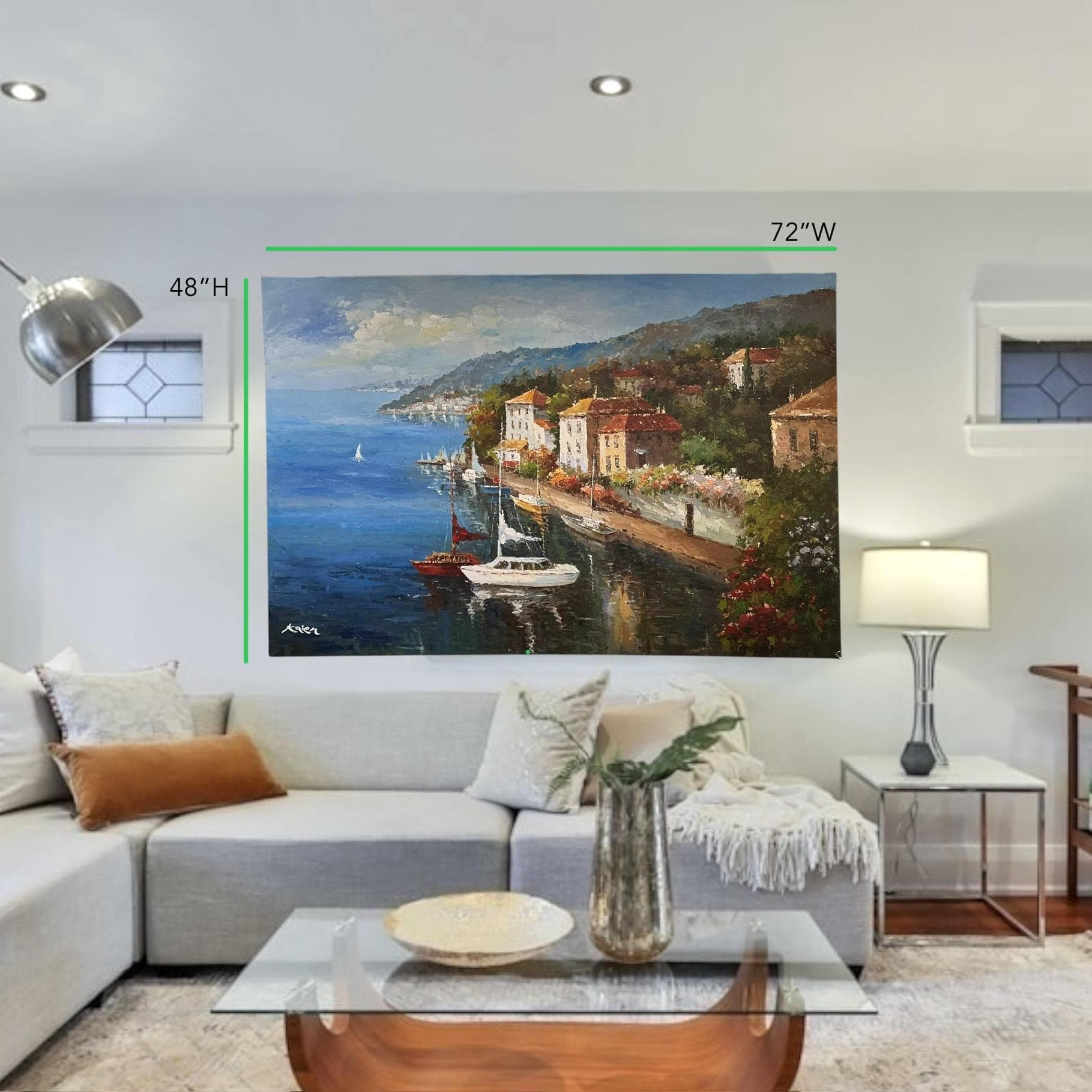 Vintage Mediterranean Sailboat Painting – Coastal Harbor Impasto Art (72x48) - Thumbnail 2