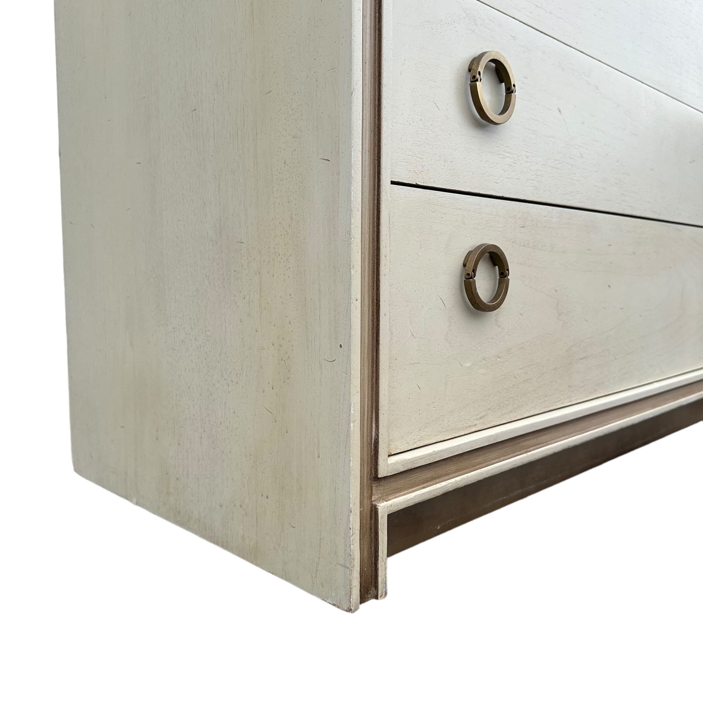 Vintage Hickory Furniture Chest with 4 Drawer Brass Ring Pulls | Mid Century Modern Cream & Gold Wood Dresser - MCM Bedroom Storage - Thumbnail 9