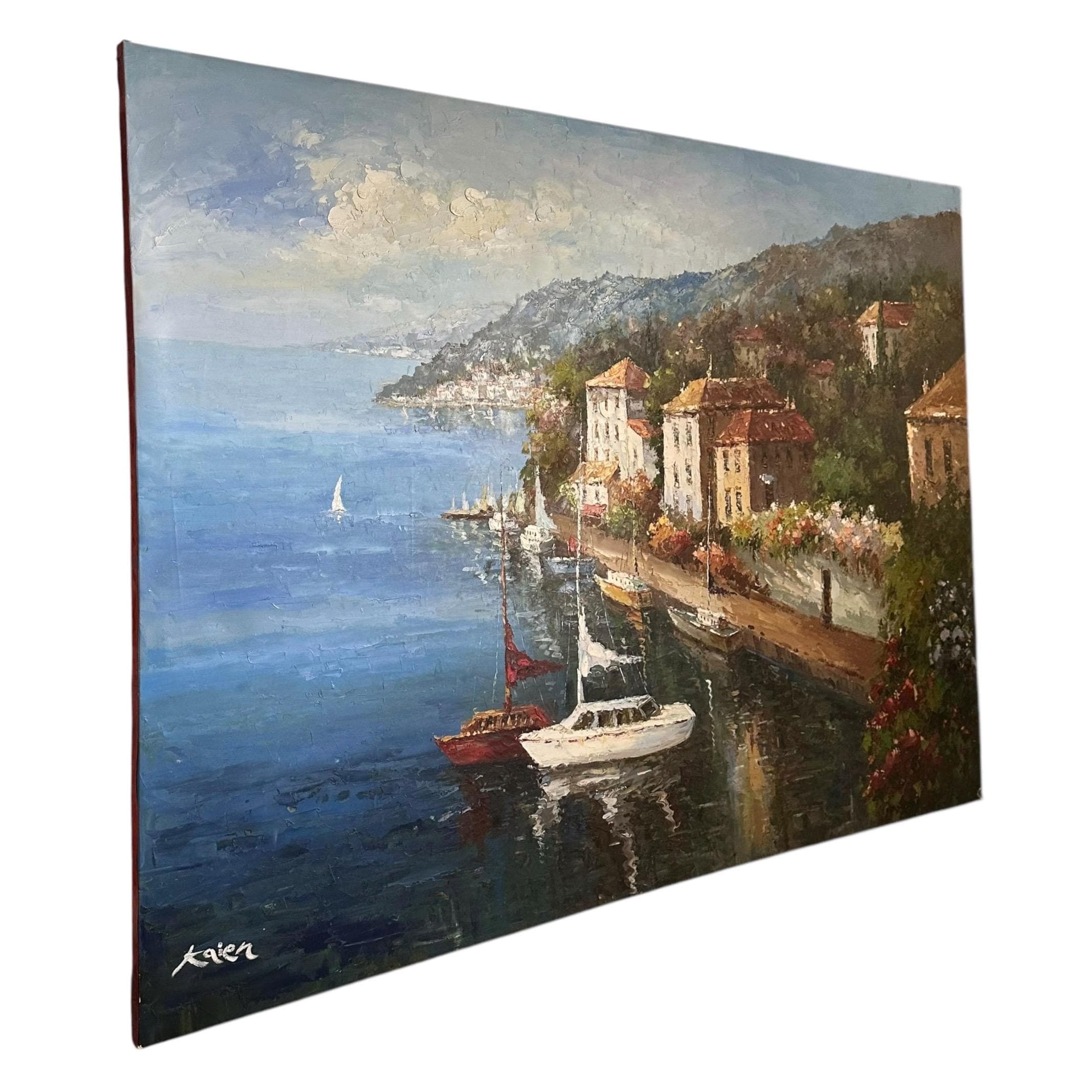 Vintage Mediterranean Sailboat Painting – Coastal Harbor Impasto Art (72x48) - Thumbnail 10