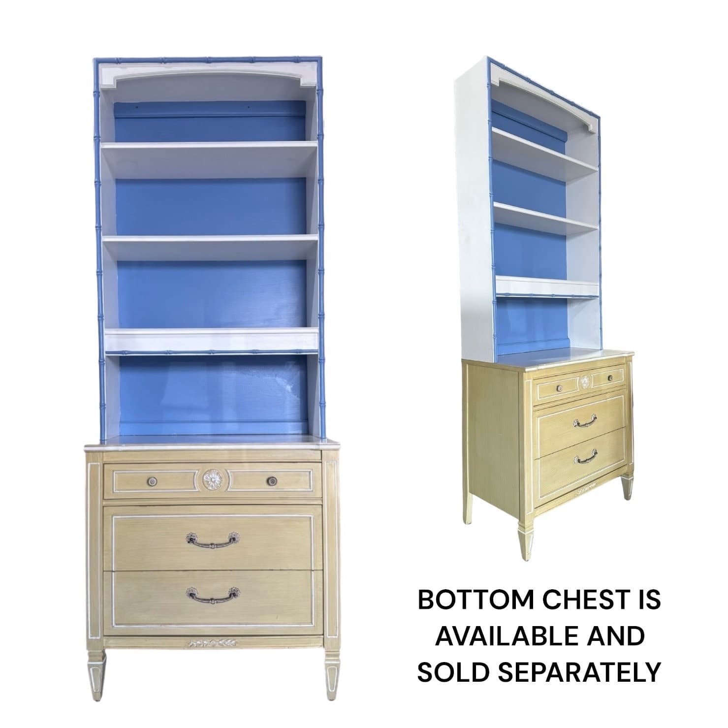 Thomasville Allegro Hutch Bookcase Painted White & Blue - Vintage Hollywood Regency Coastal Bedroom Furniture - Thumbnail 9